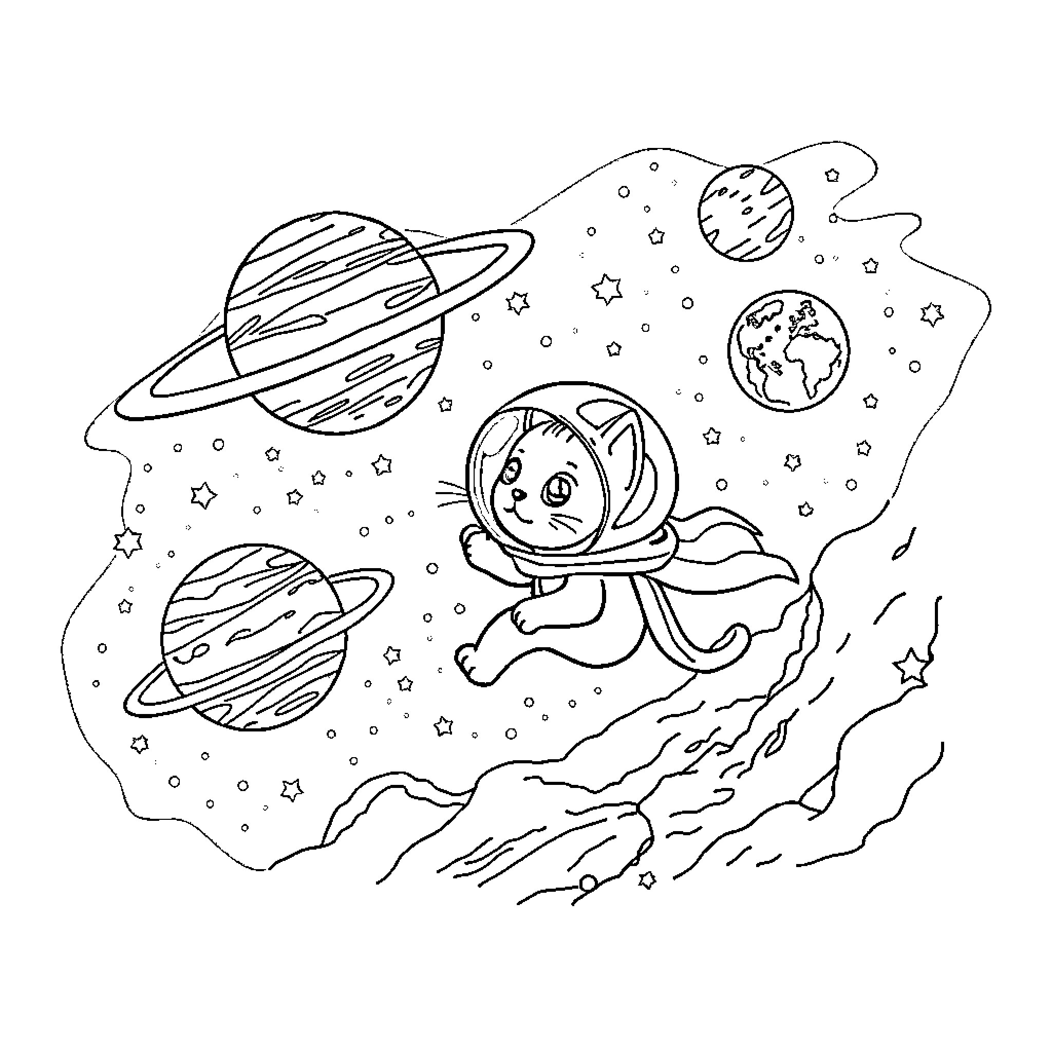 Rocket astronaut exploring cosmic wonders Coloring Page (free black-and-white line drawing printable PDF for all, from beginners to advanced learners, including children, teens, adults, and seniors)