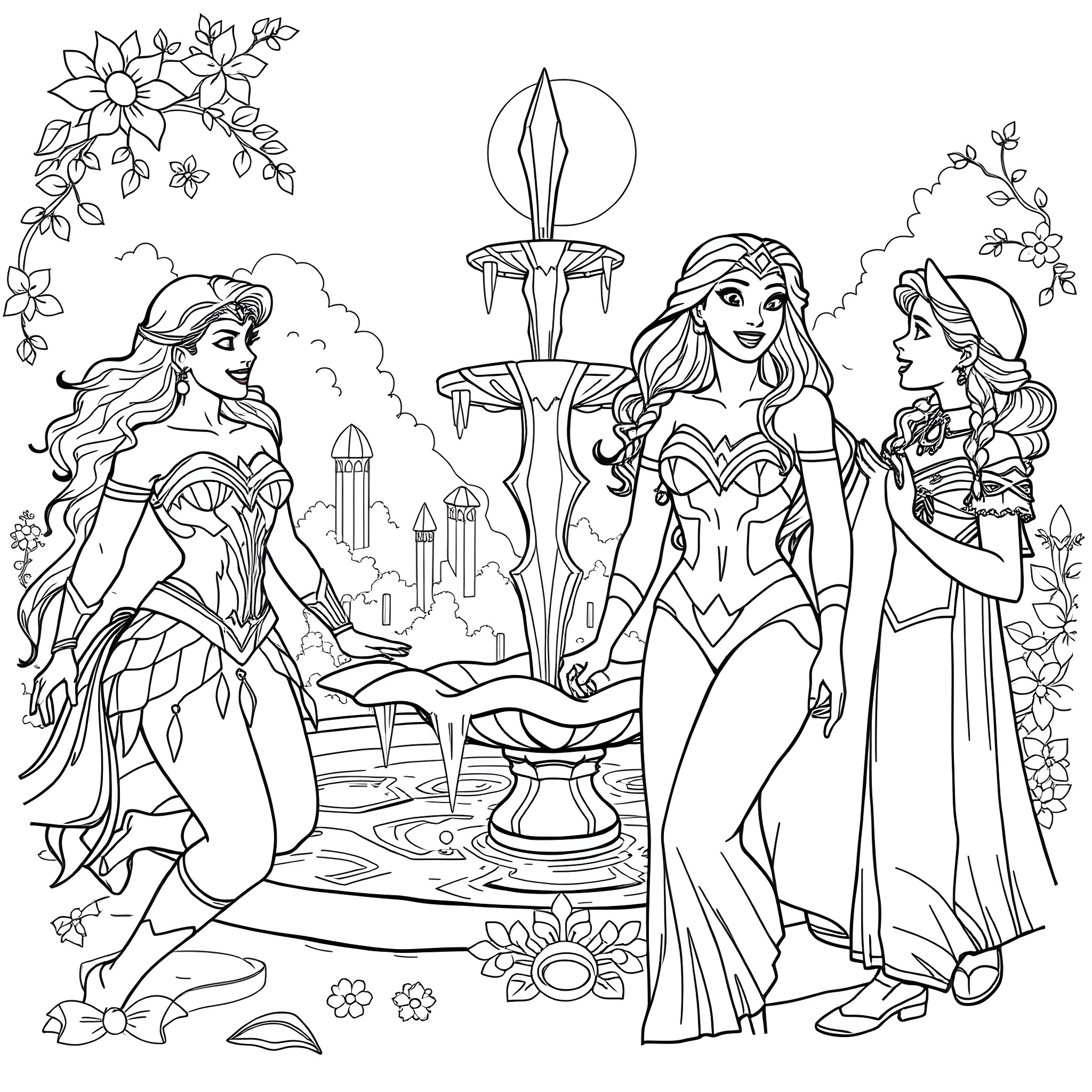Wonder Woman and her allies in an epic fantasy scene Coloring Page (free black-and-white line drawing printable PDF for all, from beginners to advanced learners, including children, teens, adults, and seniors)