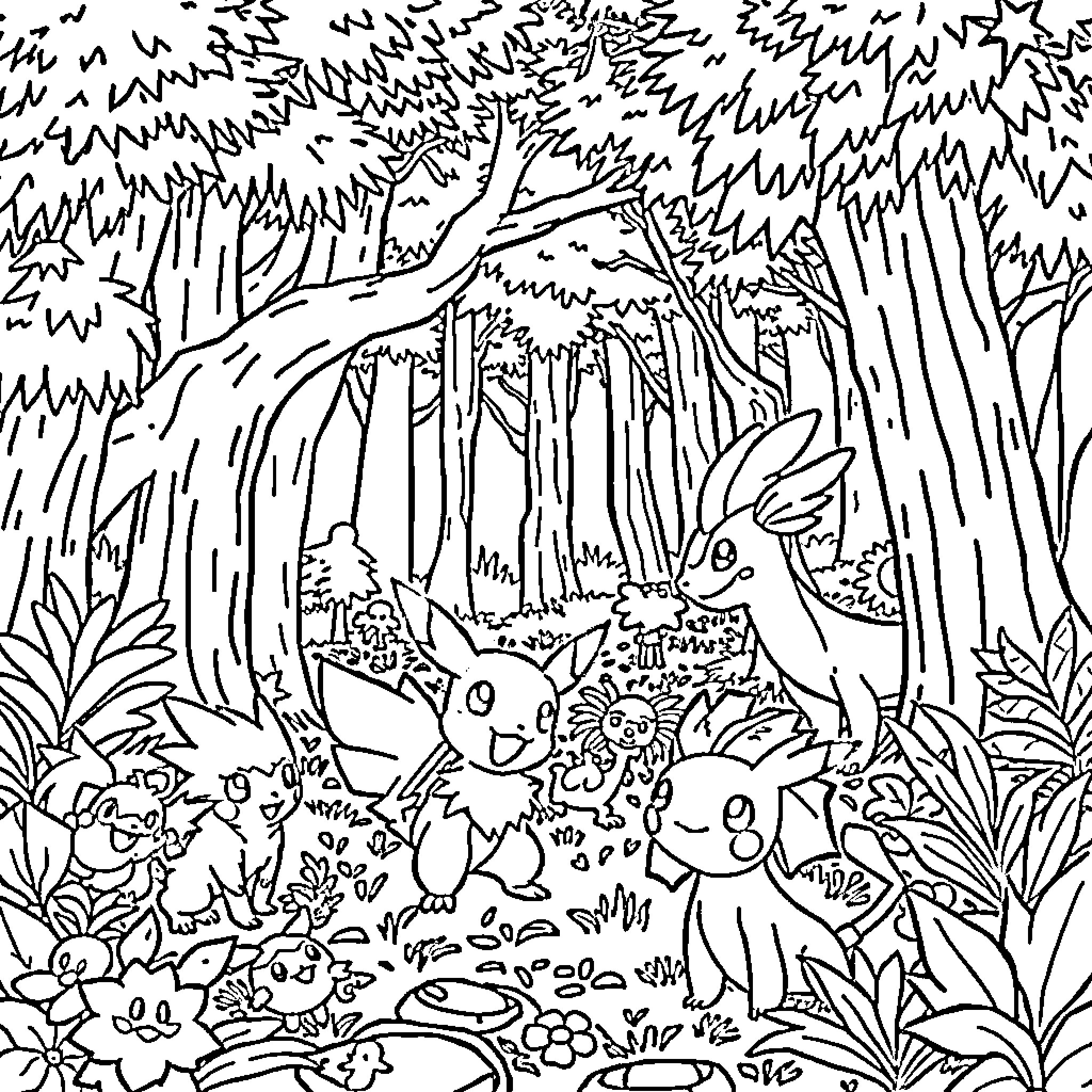 Pokémon creatures exploring a magical forest Coloring Page (free black-and-white line drawing printable PDF for all, from beginners to advanced learners, including children, teens, adults, and seniors)