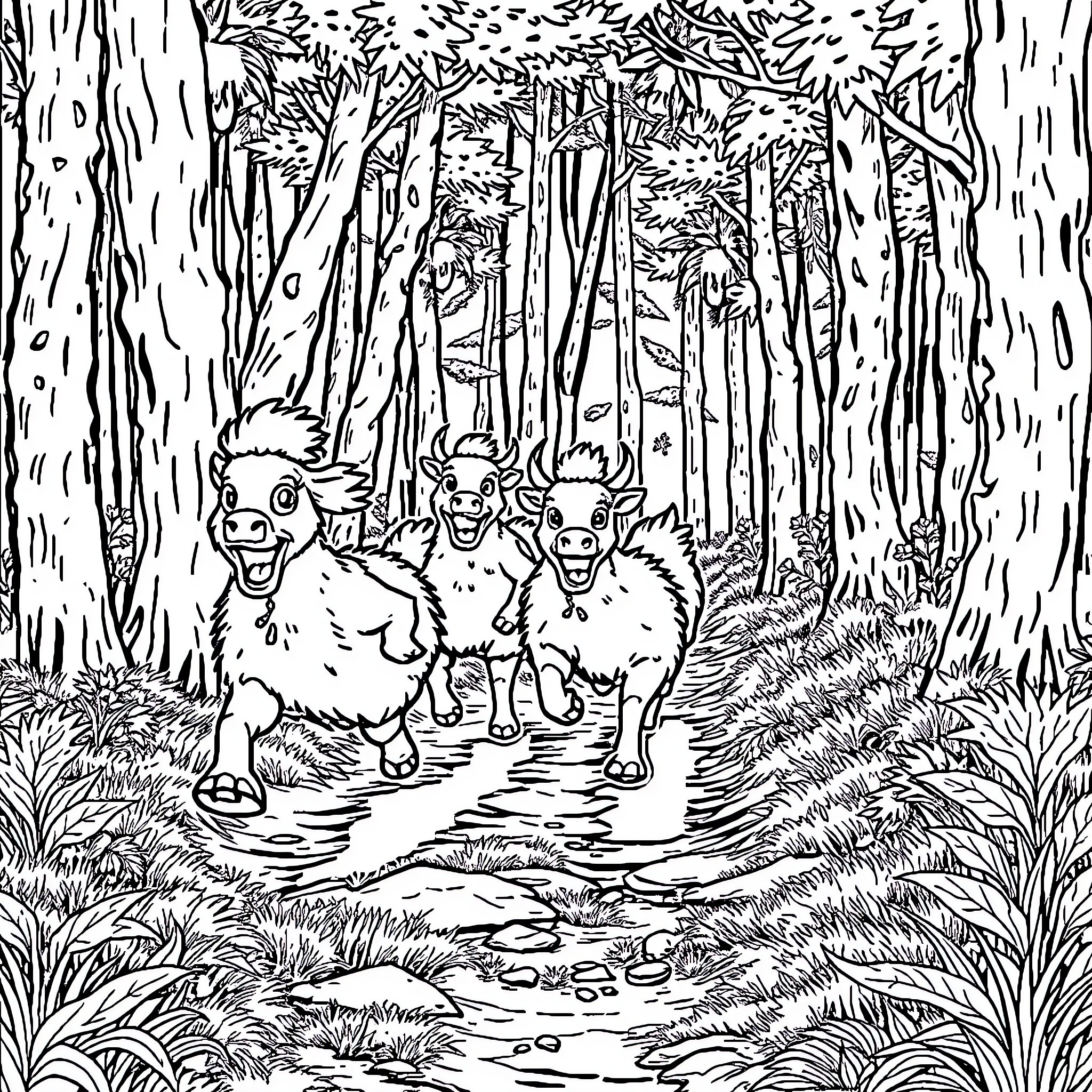 Hasher's Adventure in the Enchanted Forest Coloring Page (free black-and-white line drawing printable PDF for all, from beginners to advanced learners, including children, teens, adults, and seniors)