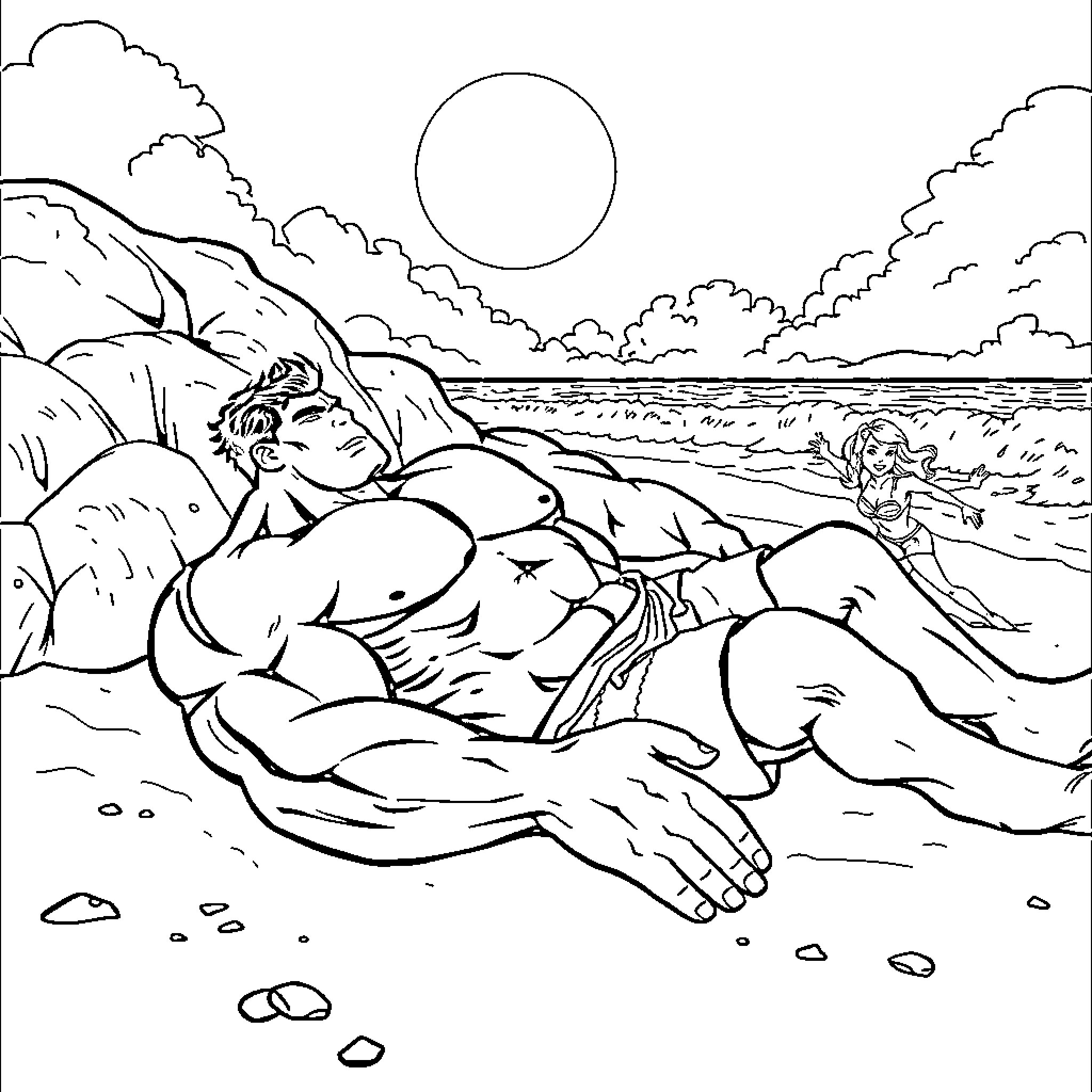 Hulk relaxing peacefully on the beach Coloring Page (free black-and-white line drawing printable PDF for all, from beginners to advanced learners, including children, teens, adults, and seniors)