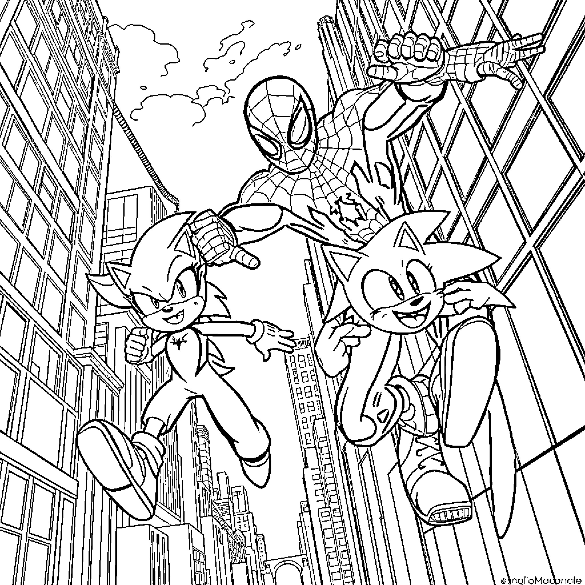 Spider-Man's Heroic City Adventure with Cartoon Companions Coloring Page (free black-and-white line drawing printable PDF for all, from beginners to advanced learners, including children, teens, adults, and seniors)