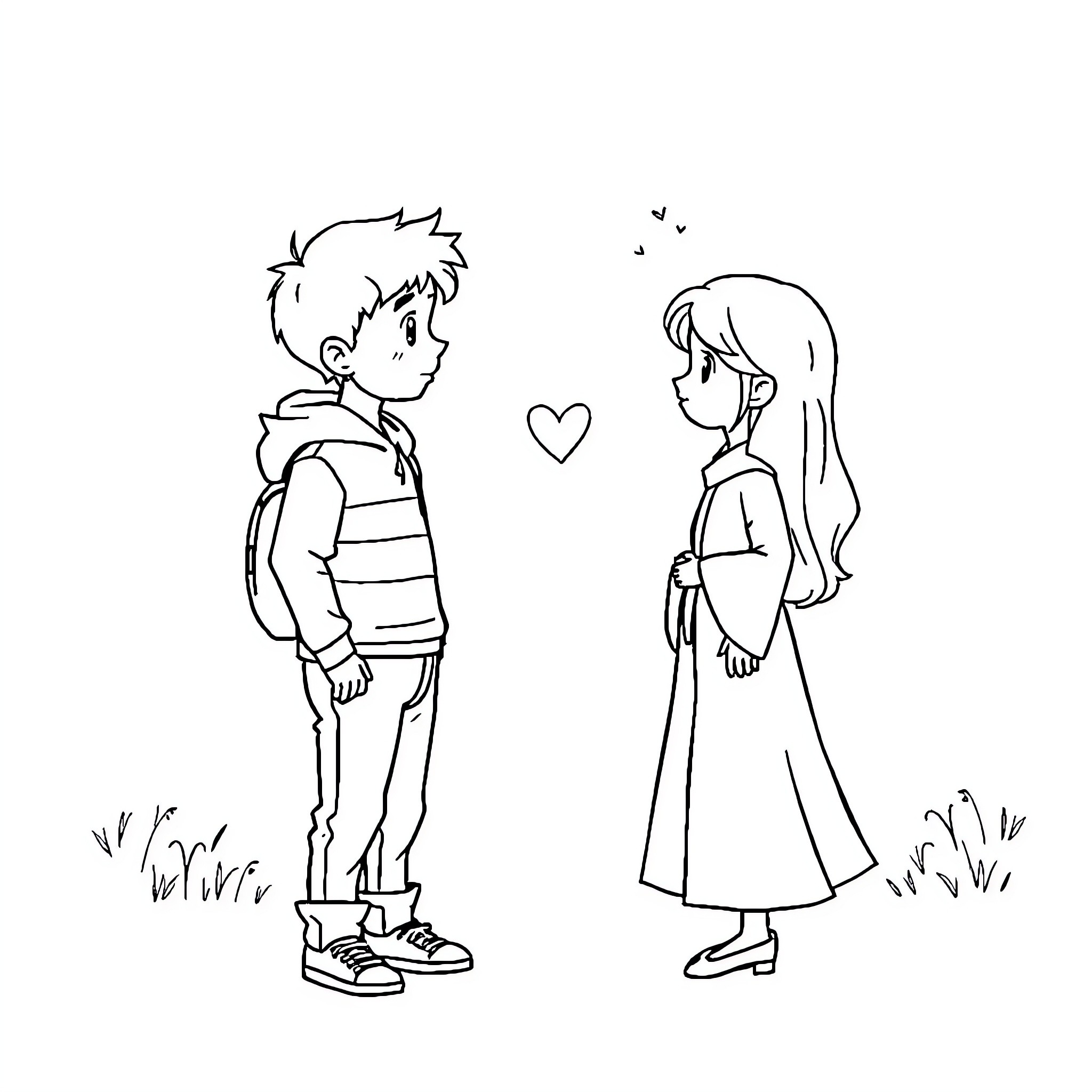 Boy shyly admiring girl in outdoor setting Coloring Page (free black-and-white line drawing printable PDF for all, from beginners to advanced learners, including children, teens, adults, and seniors)