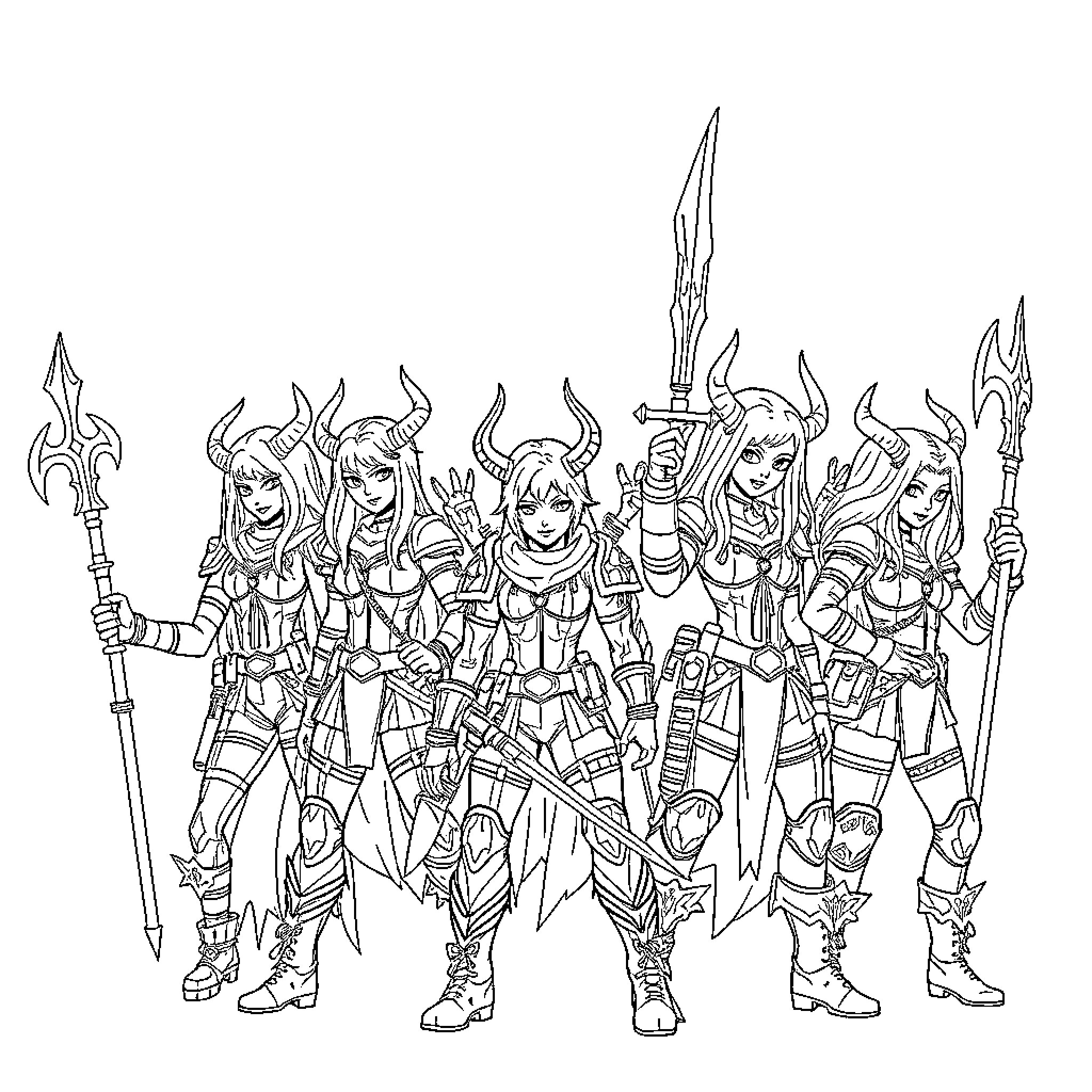 Demon Hunters in Fierce Battle Formation Coloring Page (free black-and-white line drawing printable PDF for all, from beginners to advanced learners, including children, teens, adults, and seniors)