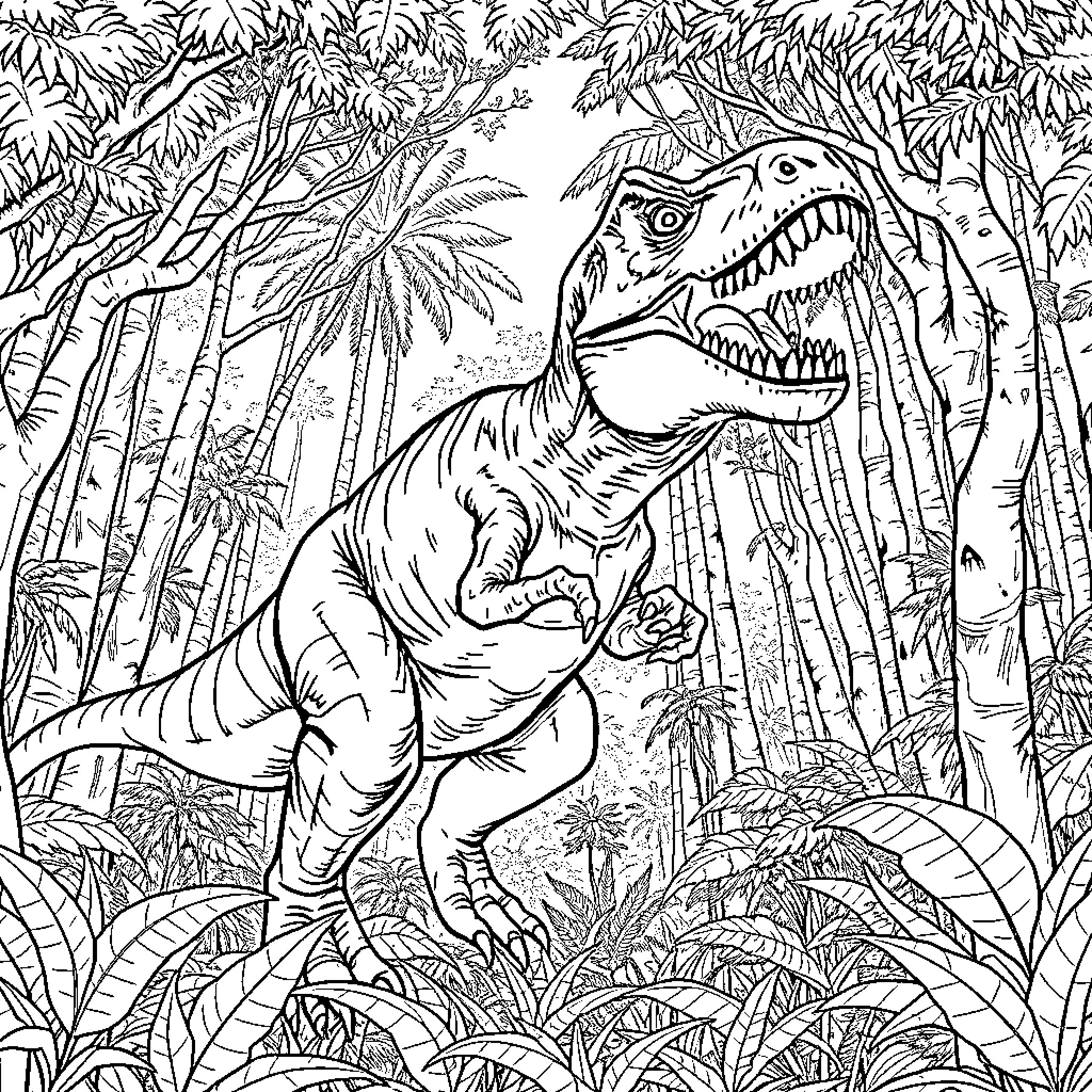 Indominus Rex terrorizing the jungle landscape Coloring Page (free black-and-white line drawing printable PDF for all, from beginners to advanced learners, including children, teens, adults, and seniors)