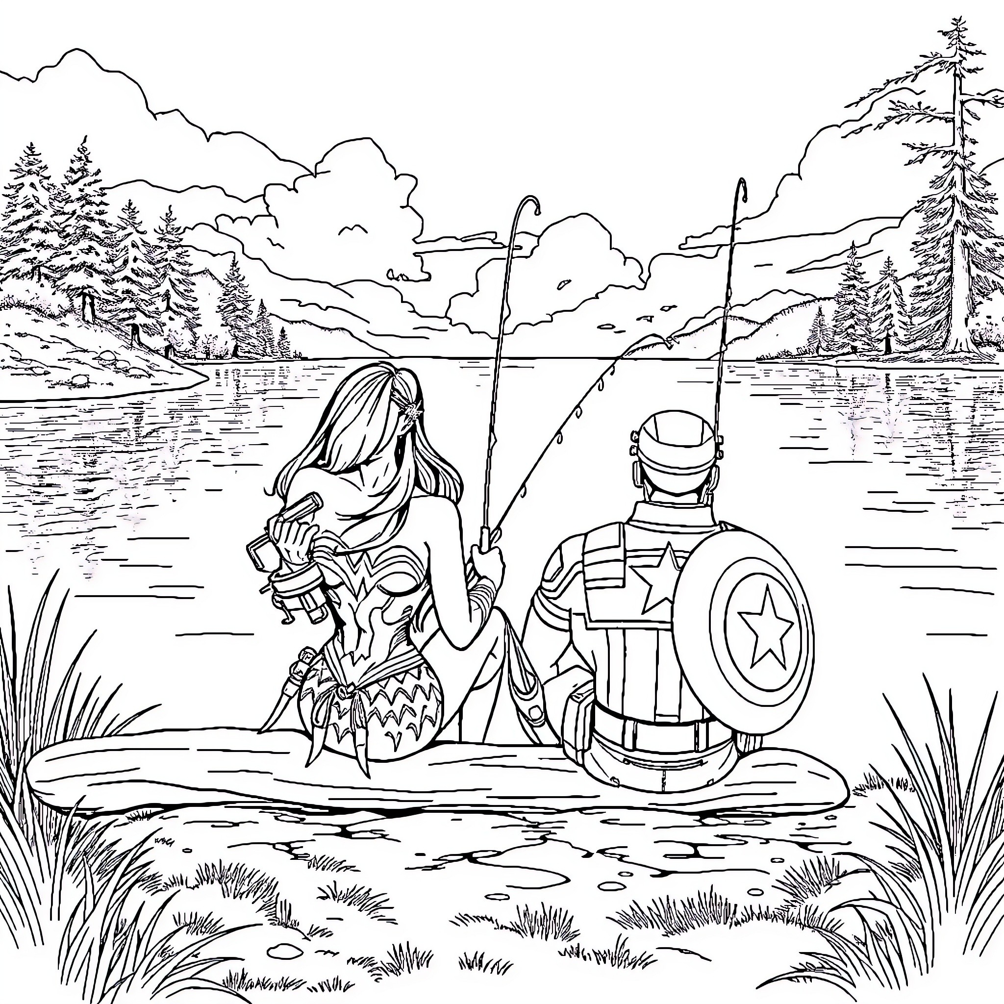 Wonder Woman and Captain America fishing by the lake Coloring Page (free black-and-white line drawing printable PDF for all, from beginners to advanced learners, including children, teens, adults, and seniors)