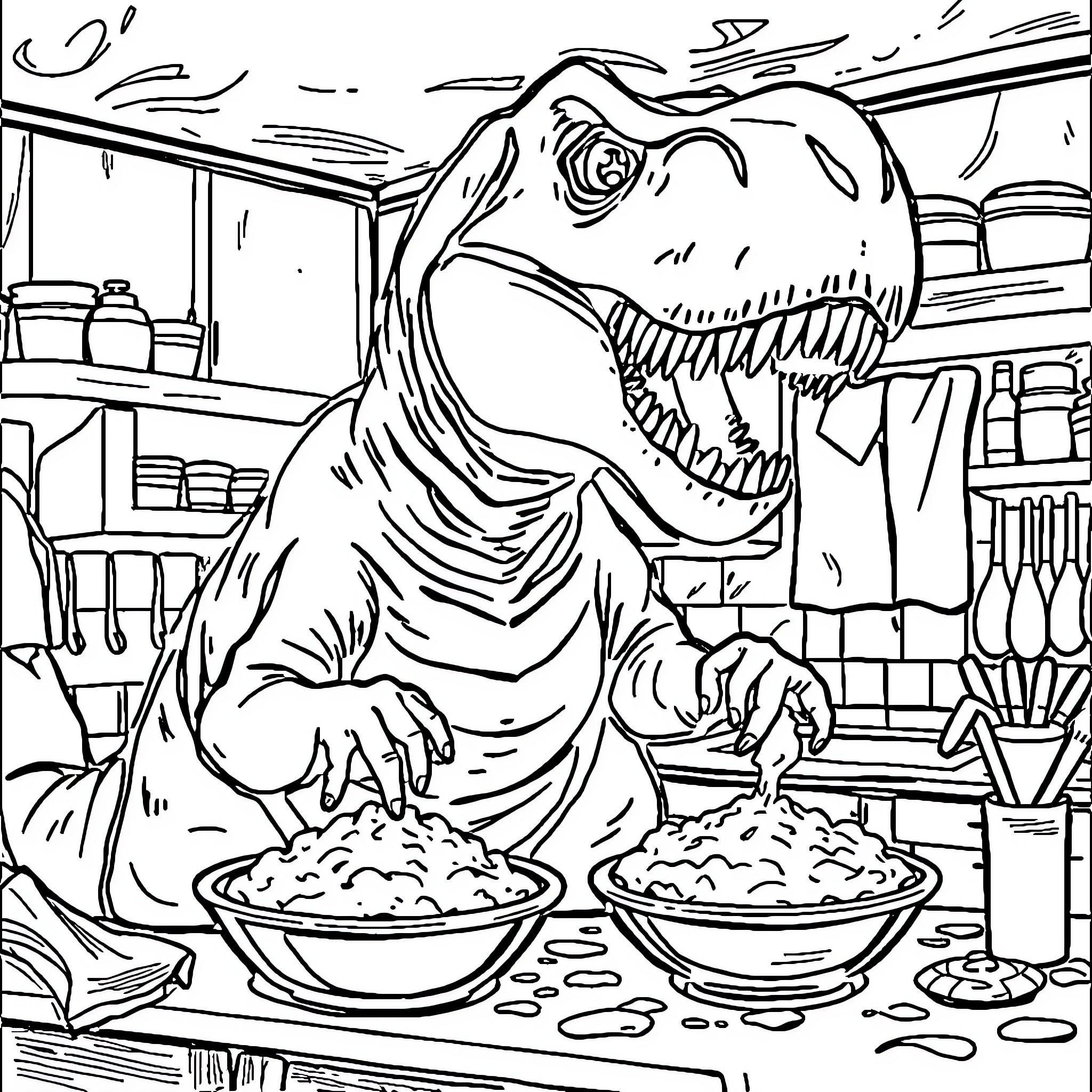 T-Rex Enjoying a Messy Meal in the Kitchen Coloring Page (free black-and-white line drawing printable PDF for all, from beginners to advanced learners, including children, teens, adults, and seniors)