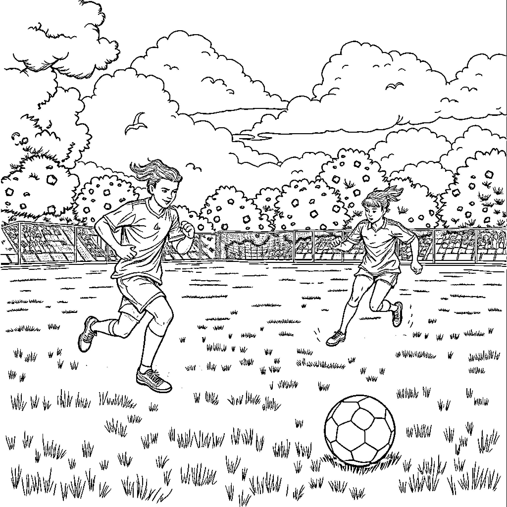Soccer players in an outdoor match Coloring Page (free black-and-white line drawing printable PDF for all, from beginners to advanced learners, including children, teens, adults, and seniors)