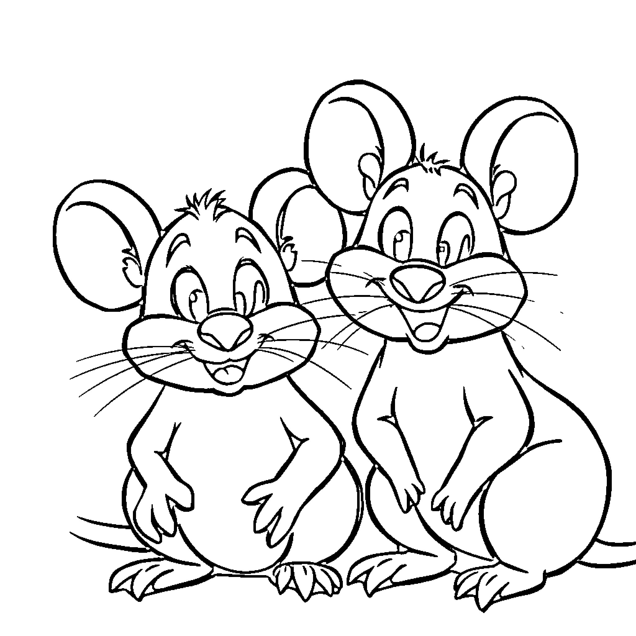 Mouse siblings playing and posing happily Coloring Page (free black-and-white line drawing printable PDF for all, from beginners to advanced learners, including children, teens, adults, and seniors)