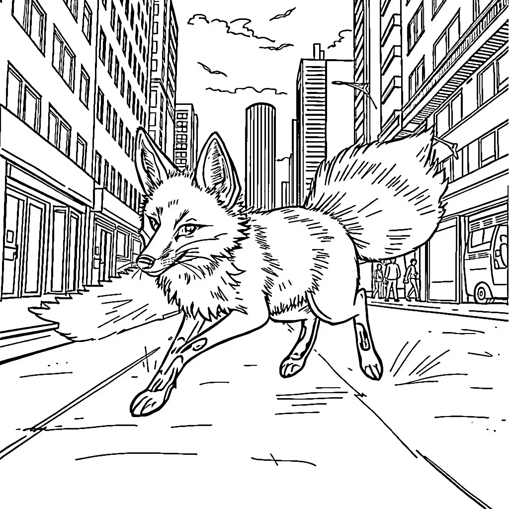 Fox prowling through the bustling city streets Coloring Page (free black-and-white line drawing printable PDF for all, from beginners to advanced learners, including children, teens, adults, and seniors)