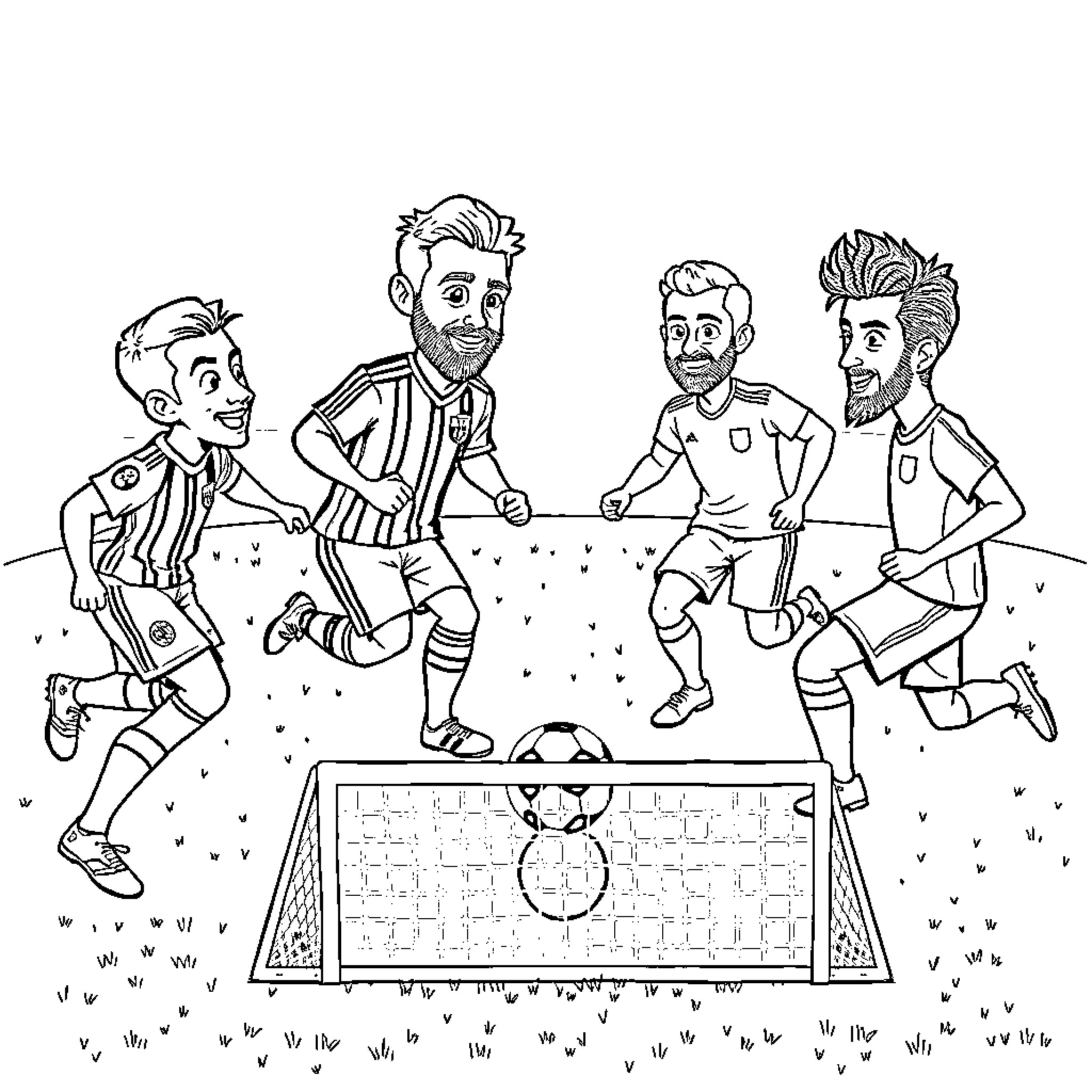 Soccer players in action on the field Coloring Page (free black-and-white line drawing printable PDF for all, from beginners to advanced learners, including children, teens, adults, and seniors)
