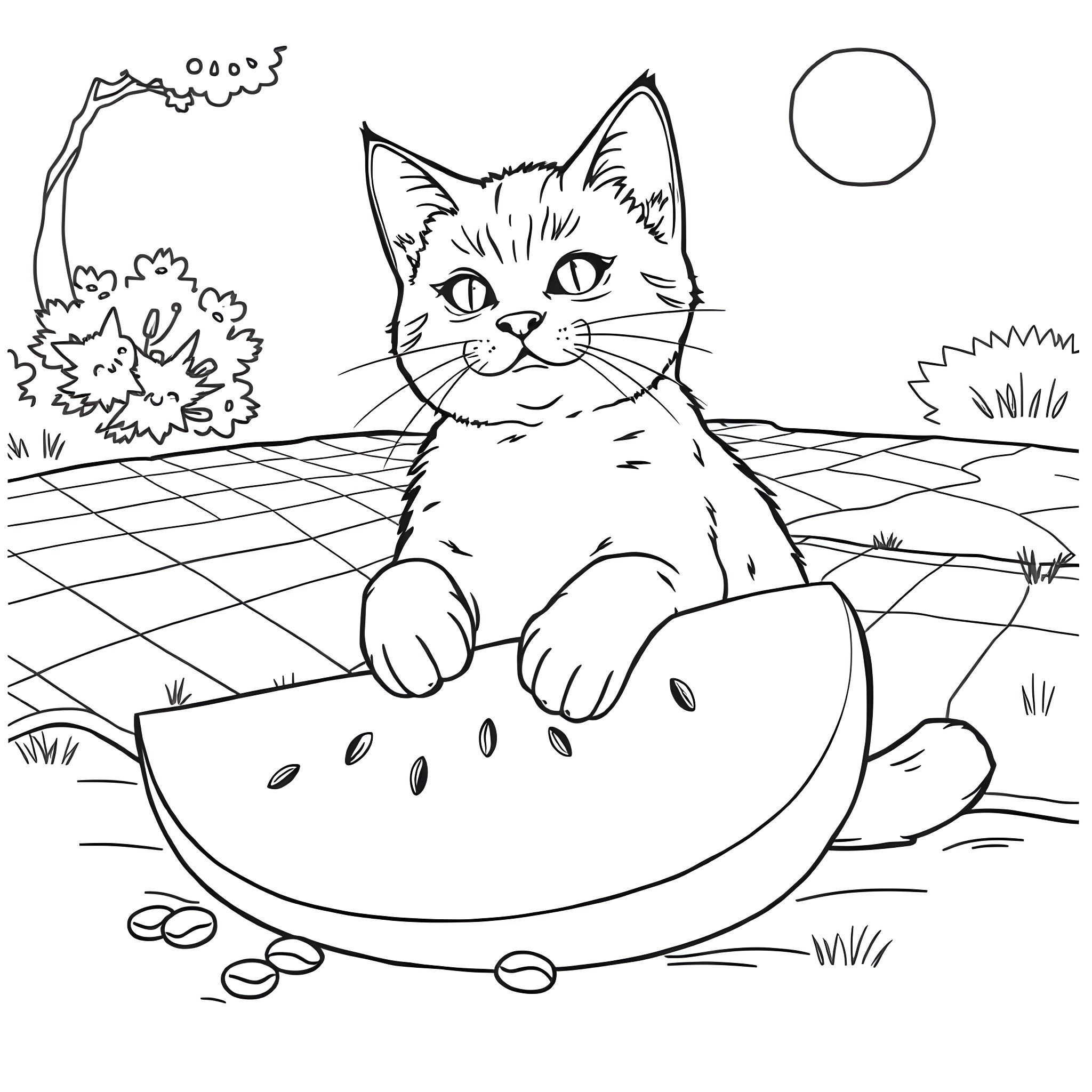 Cat resting in a watermelon by the moonlight Coloring Page (free black-and-white line drawing printable PDF for all, from beginners to advanced learners, including children, teens, adults, and seniors)