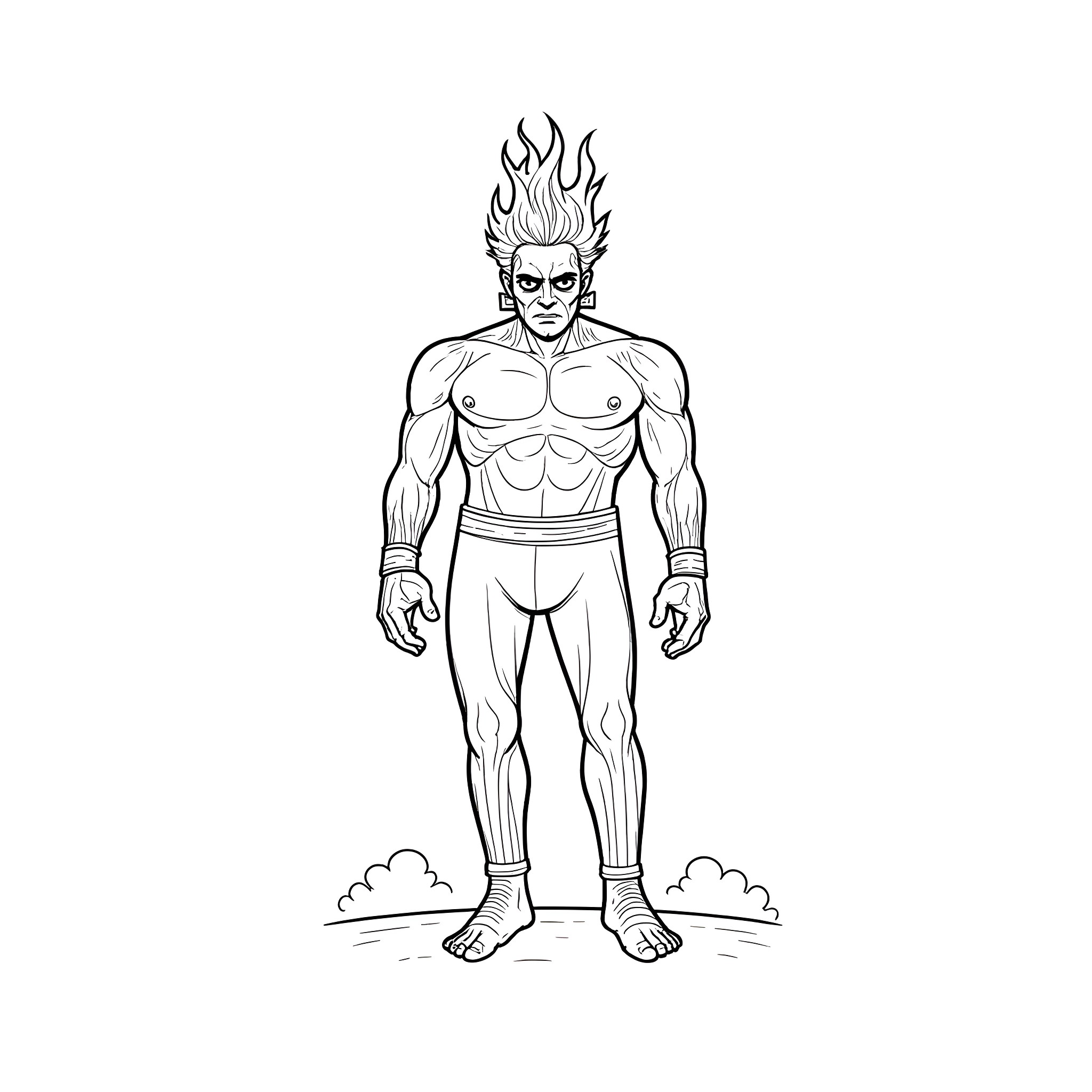 Frankenstein monster with fiery hair and muscular physique Coloring Page (free black-and-white line drawing printable PDF for all, from beginners to advanced learners, including children, teens, adults, and seniors)