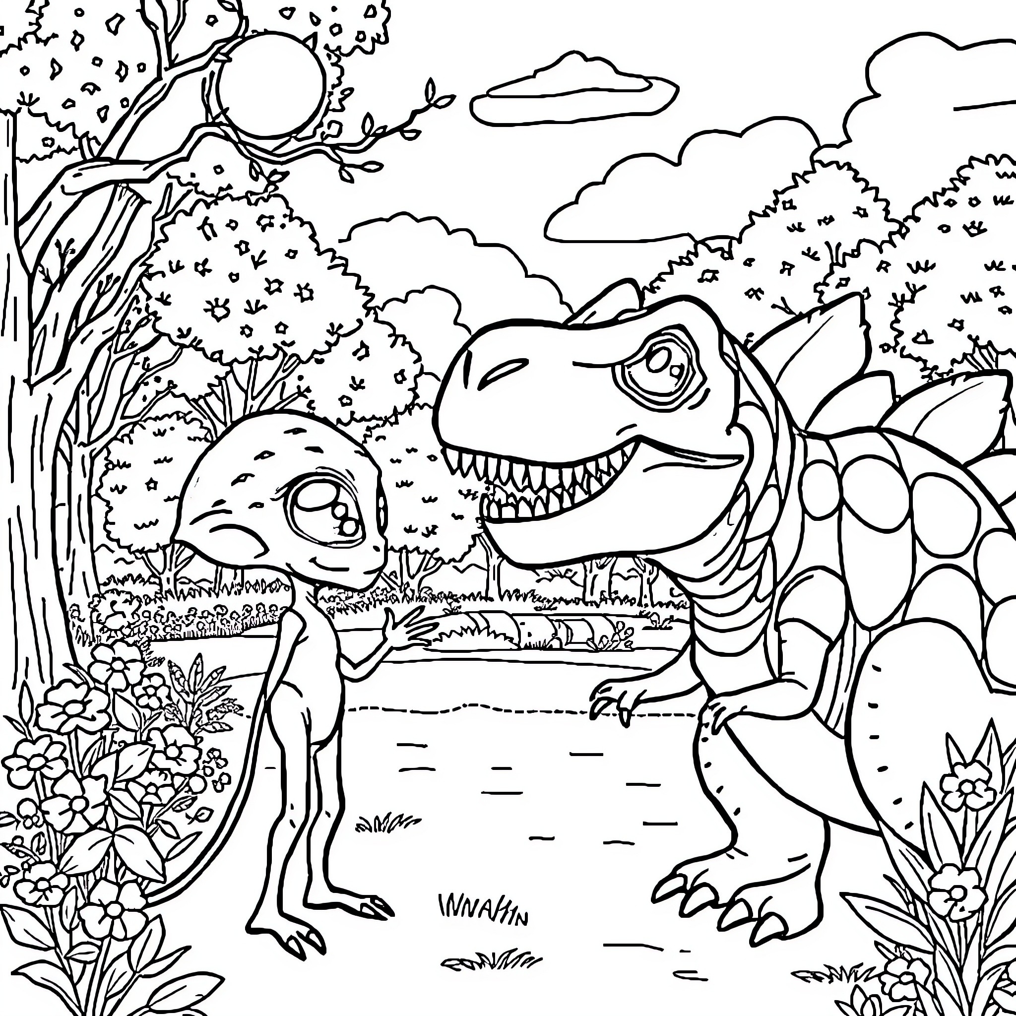 Alien Creatures Frolicking in Whimsical Landscape Coloring Page (free black-and-white line drawing printable PDF for all, from beginners to advanced learners, including children, teens, adults, and seniors)