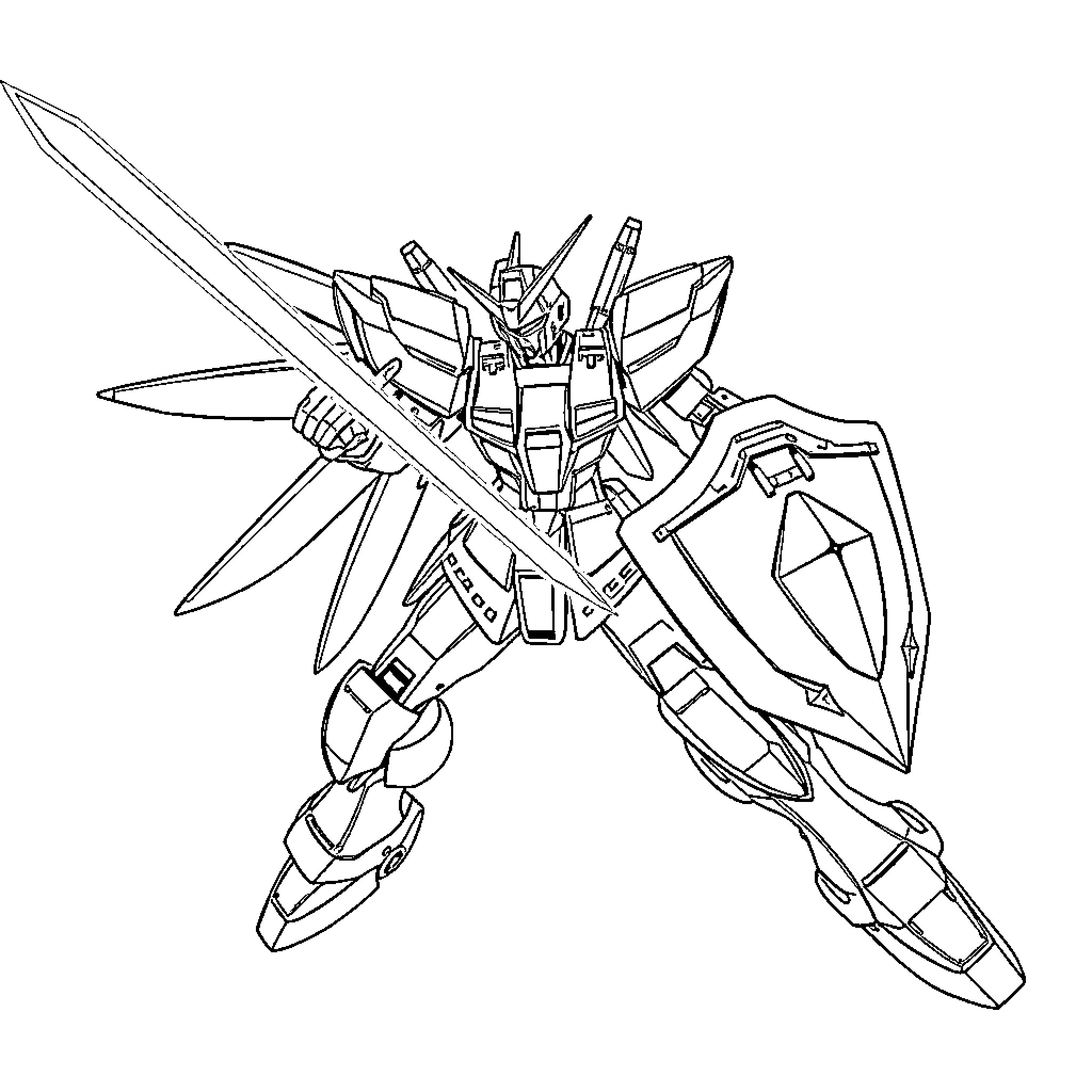 Wing Gundam in Fierce Battle Pose Coloring Page (free black-and-white line drawing printable PDF for all, from beginners to advanced learners, including children, teens, adults, and seniors)