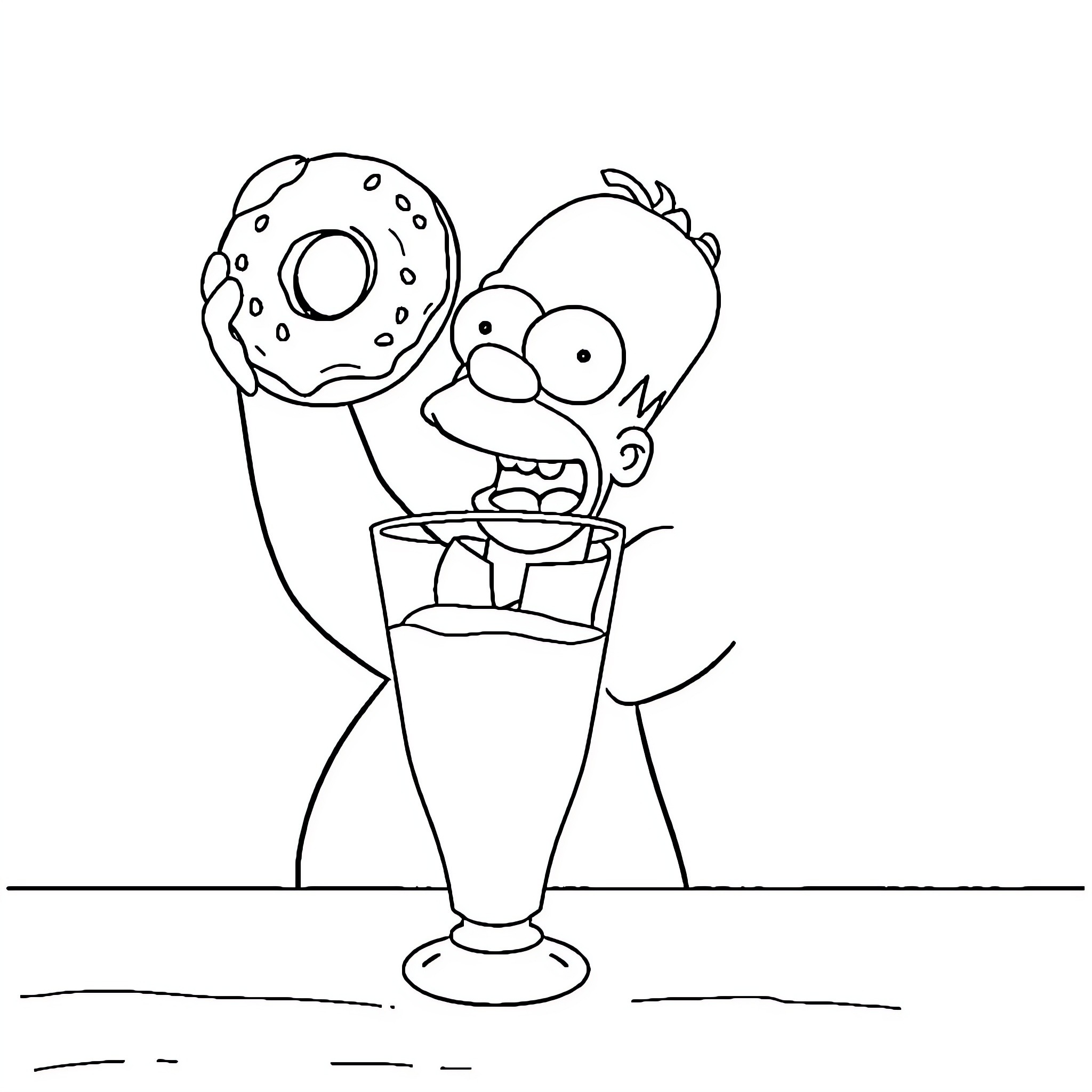 Homer Simpson enjoying a doughnut in a milkshake Coloring Page (free black-and-white line drawing printable PDF for all, from beginners to advanced learners, including children, teens, adults, and seniors)