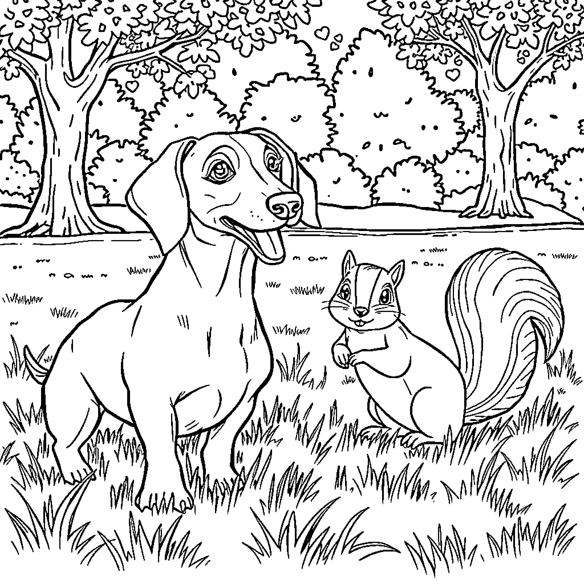 Dachshund and Squirrel Playing in the Woodland Coloring Page (free black-and-white line drawing printable PDF for all, from beginners to advanced learners, including children, teens, adults, and seniors)