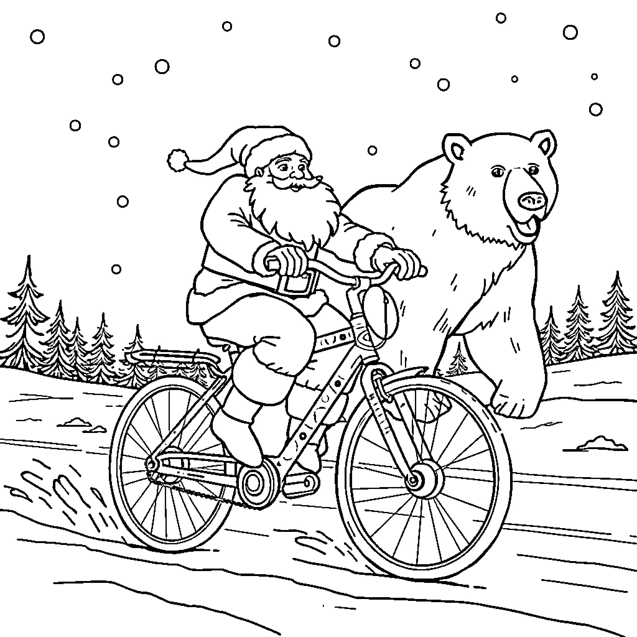 Santa riding a bicycle with a bear Coloring Page (free black-and-white line drawing printable PDF for all, from beginners to advanced learners, including children, teens, adults, and seniors)