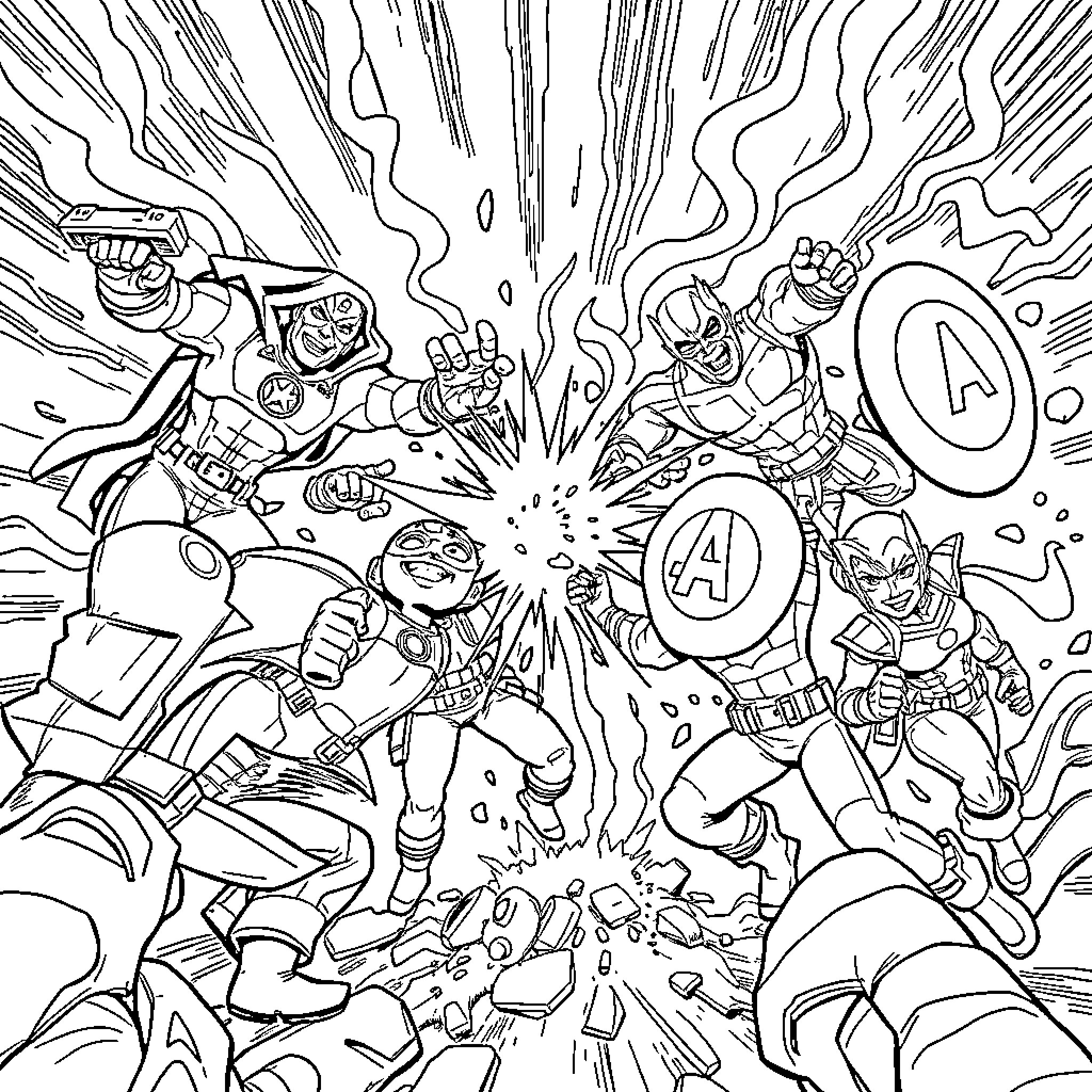 Miniforce heroes in action-packed battle scene Coloring Page (free black-and-white line drawing printable PDF for all, from beginners to advanced learners, including children, teens, adults, and seniors)