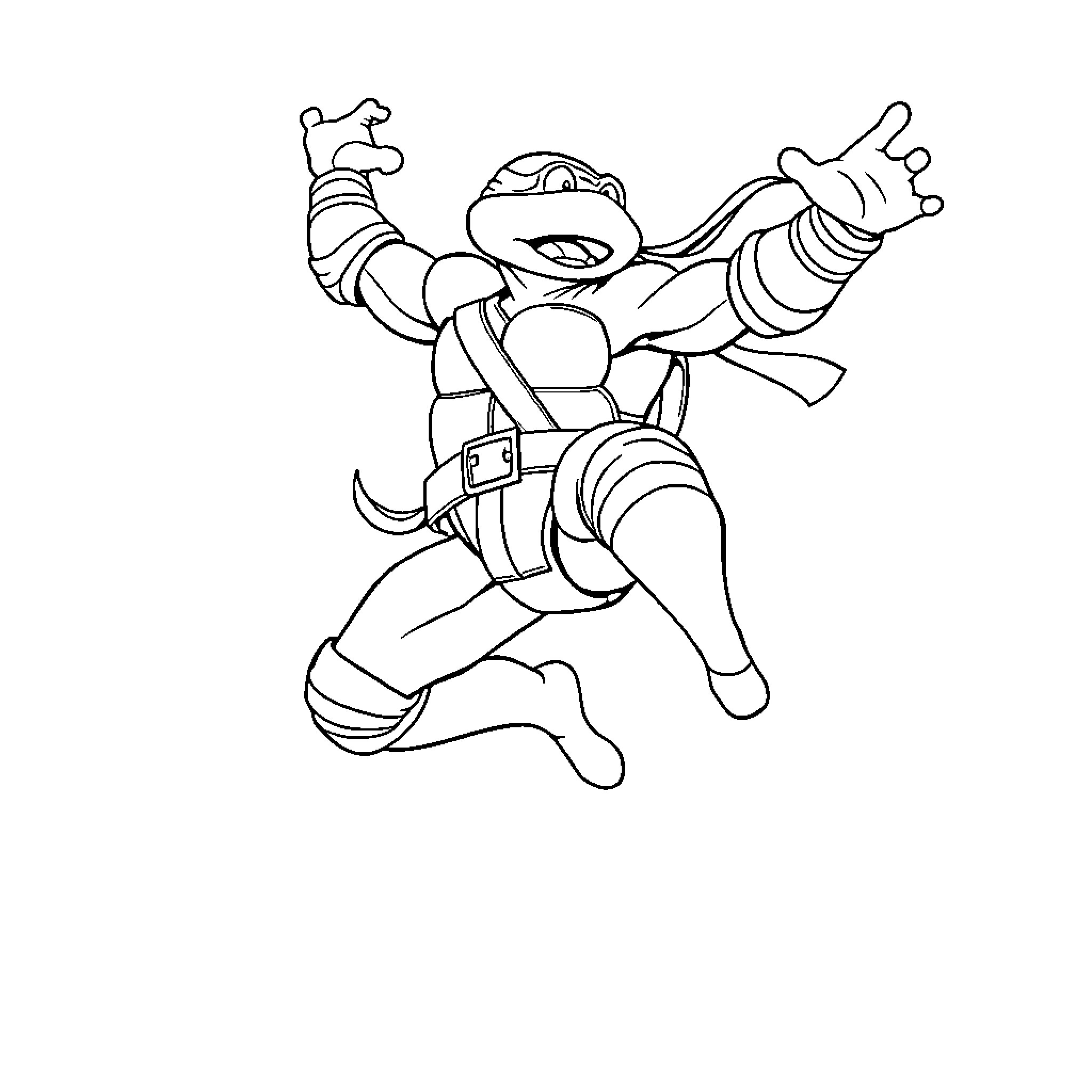 Raphael the Ninja Turtle Jumping in Action Coloring Page (free black-and-white line drawing printable PDF for all, from beginners to advanced learners, including children, teens, adults, and seniors)