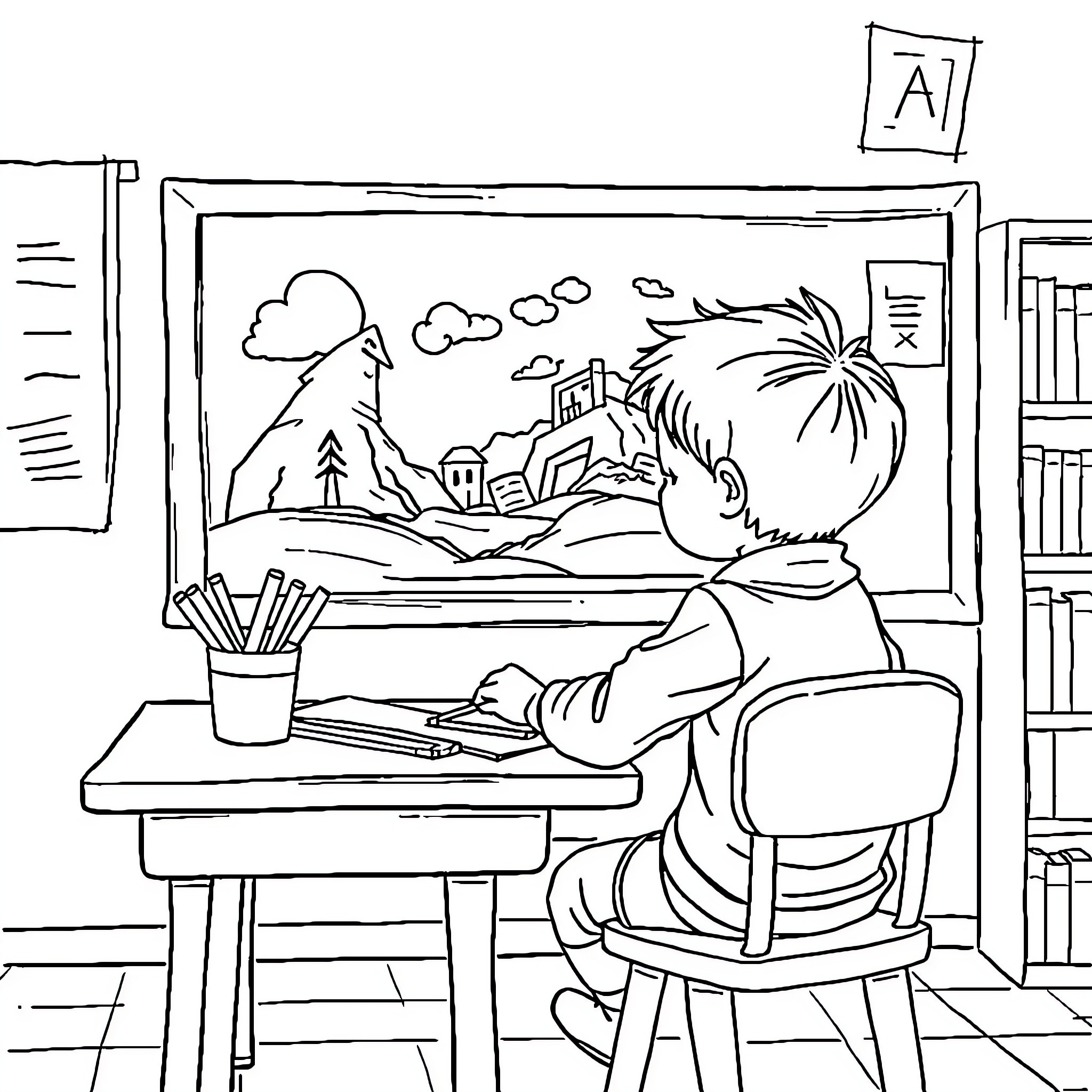 Child drawing a scenic landscape in the classroom Coloring Page (free black-and-white line drawing printable PDF for all, from beginners to advanced learners, including children, teens, adults, and seniors)