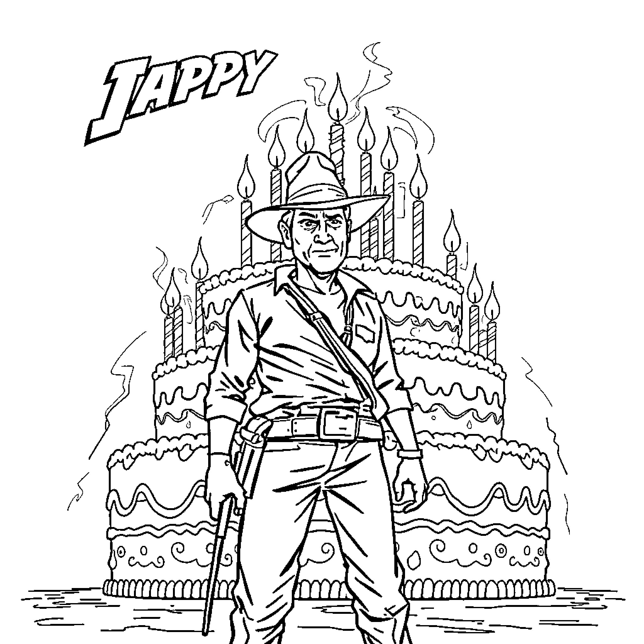 Indian Jones celebrates birthday with cake and candles Coloring Page (free black-and-white line drawing printable PDF for all, from beginners to advanced learners, including children, teens, adults, and seniors)