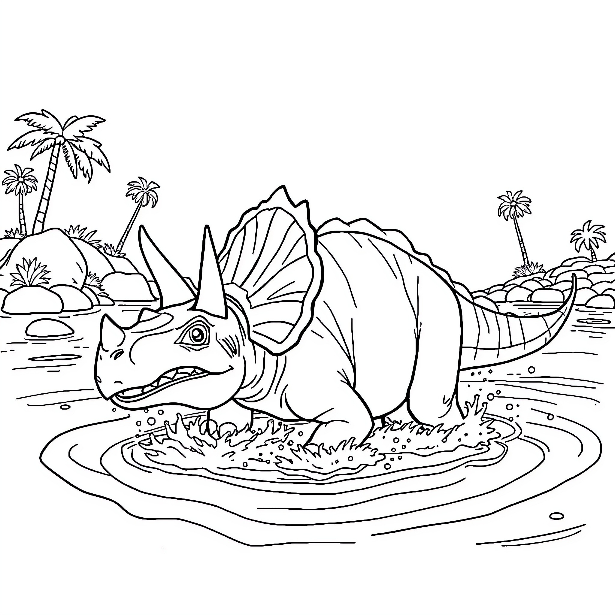 Triceratops playing in a tropical landscape Coloring Page (free black-and-white line drawing printable PDF for all, from beginners to advanced learners, including children, teens, adults, and seniors)