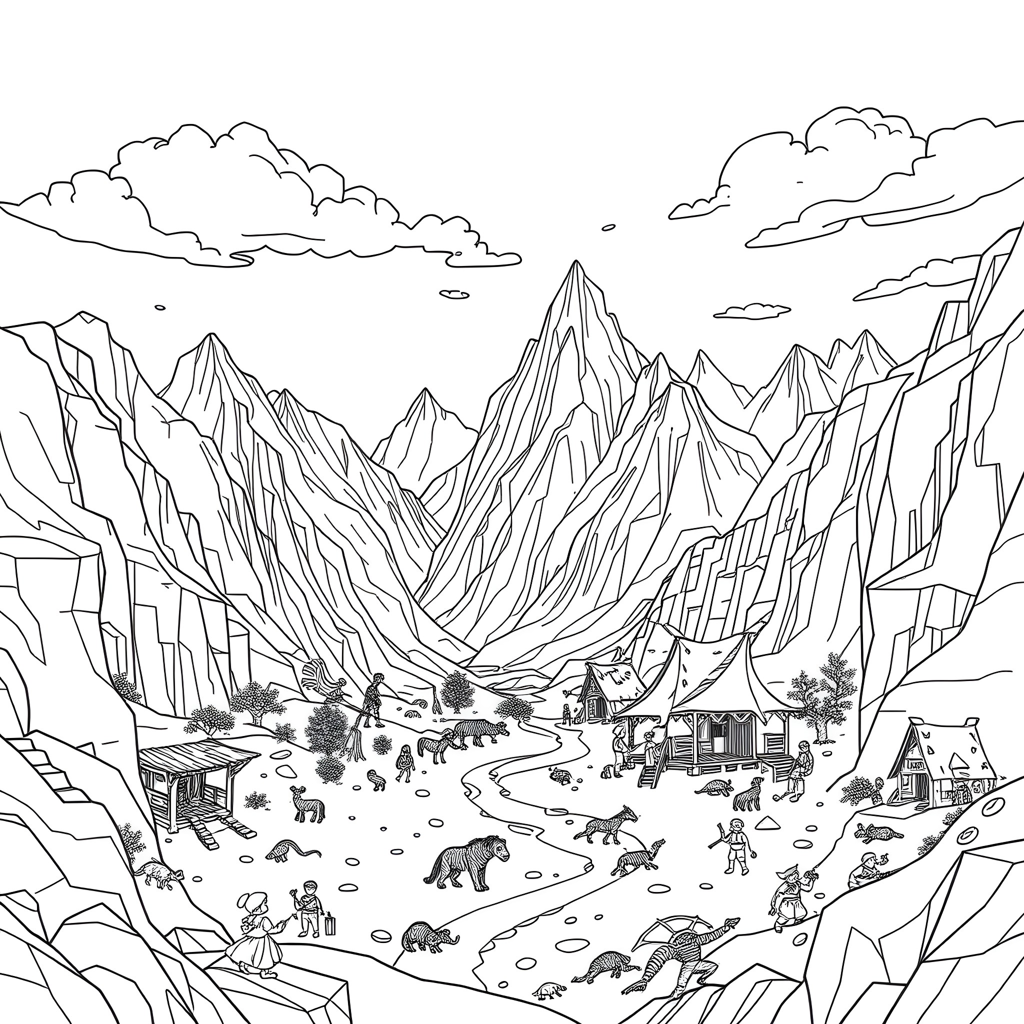 Minecraft Mountainous Landscape with Village and Wildlife Coloring Page (free black-and-white line drawing printable PDF for all, from beginners to advanced learners, including children, teens, adults, and seniors)