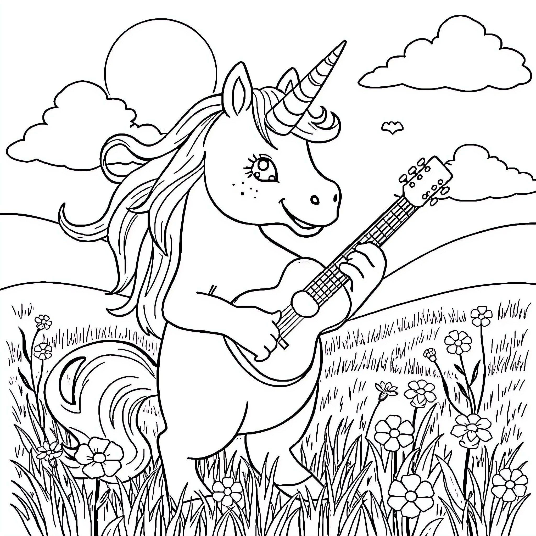 Unicorn playing guitar in a meadow Coloring Page (free black-and-white line drawing printable PDF for all, from beginners to advanced learners, including children, teens, adults, and seniors)
