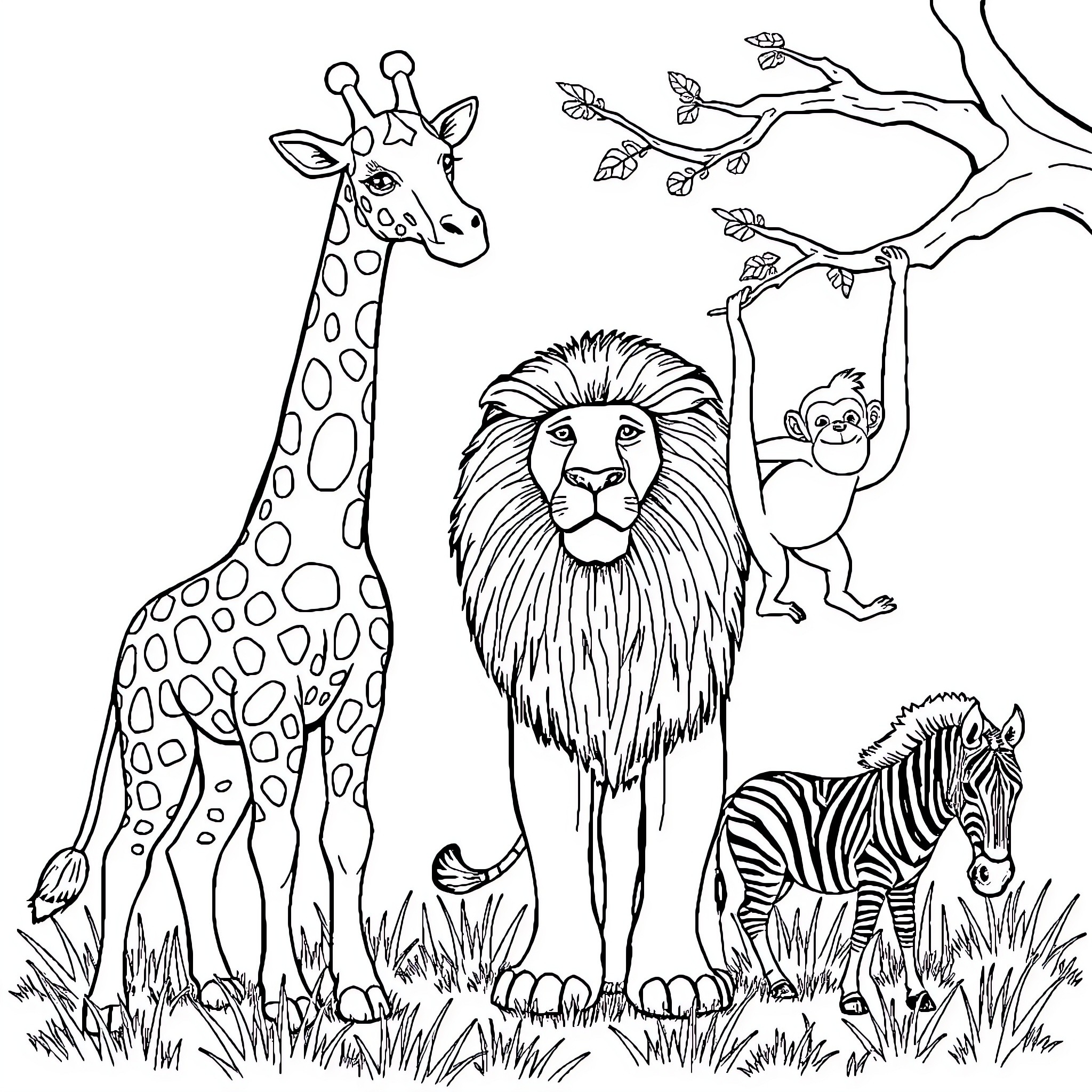 Lion and diverse wildlife in tropical landscape Coloring Page (free black-and-white line drawing printable PDF for all, from beginners to advanced learners, including children, teens, adults, and seniors)