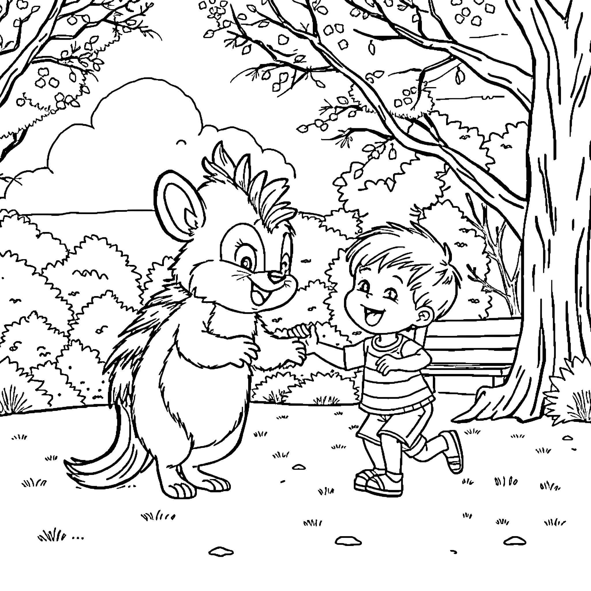 Sprunki's Forest Friends Explore Coloring Page (free black-and-white line drawing printable PDF for all, from beginners to advanced learners, including children, teens, adults, and seniors)