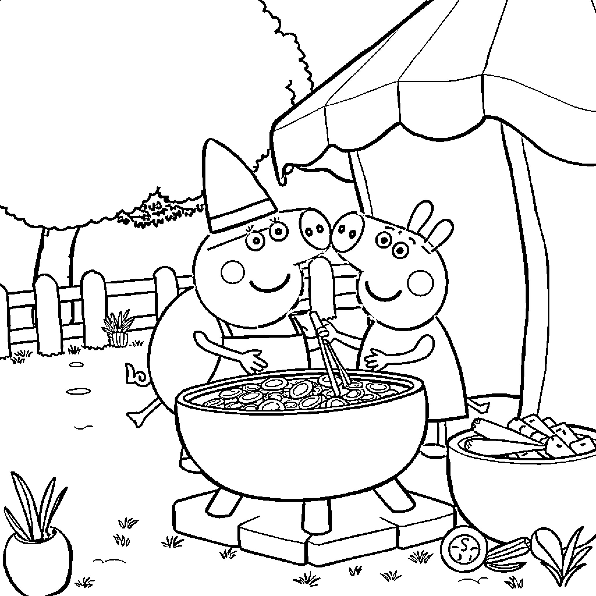 Peppa Pig and friends have a fun picnic outdoors Coloring Page (free black-and-white line drawing printable PDF for all, from beginners to advanced learners, including children, teens, adults, and seniors)
