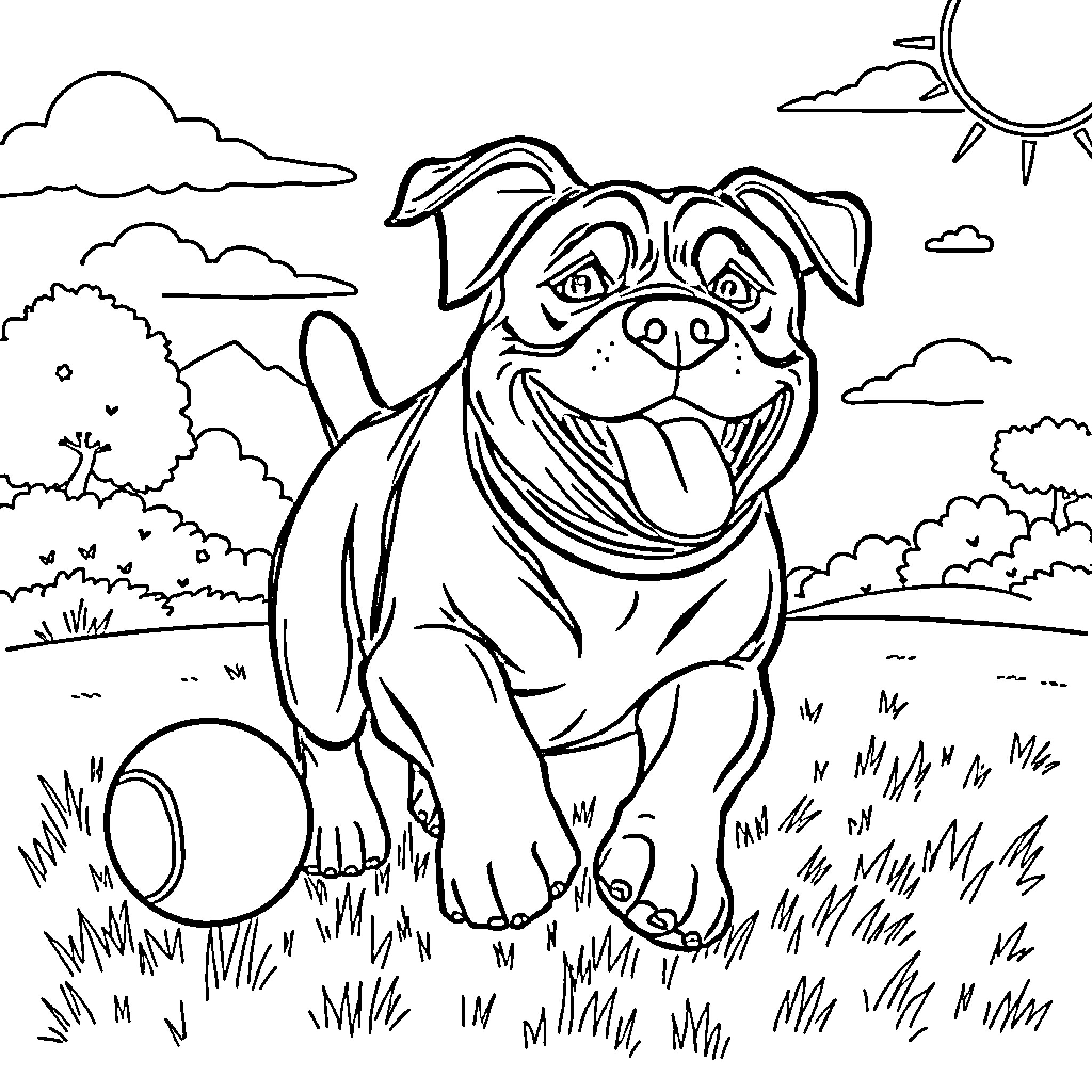 Rottweiler playing joyfully in the countryside Coloring Page (free black-and-white line drawing printable PDF for all, from beginners to advanced learners, including children, teens, adults, and seniors)