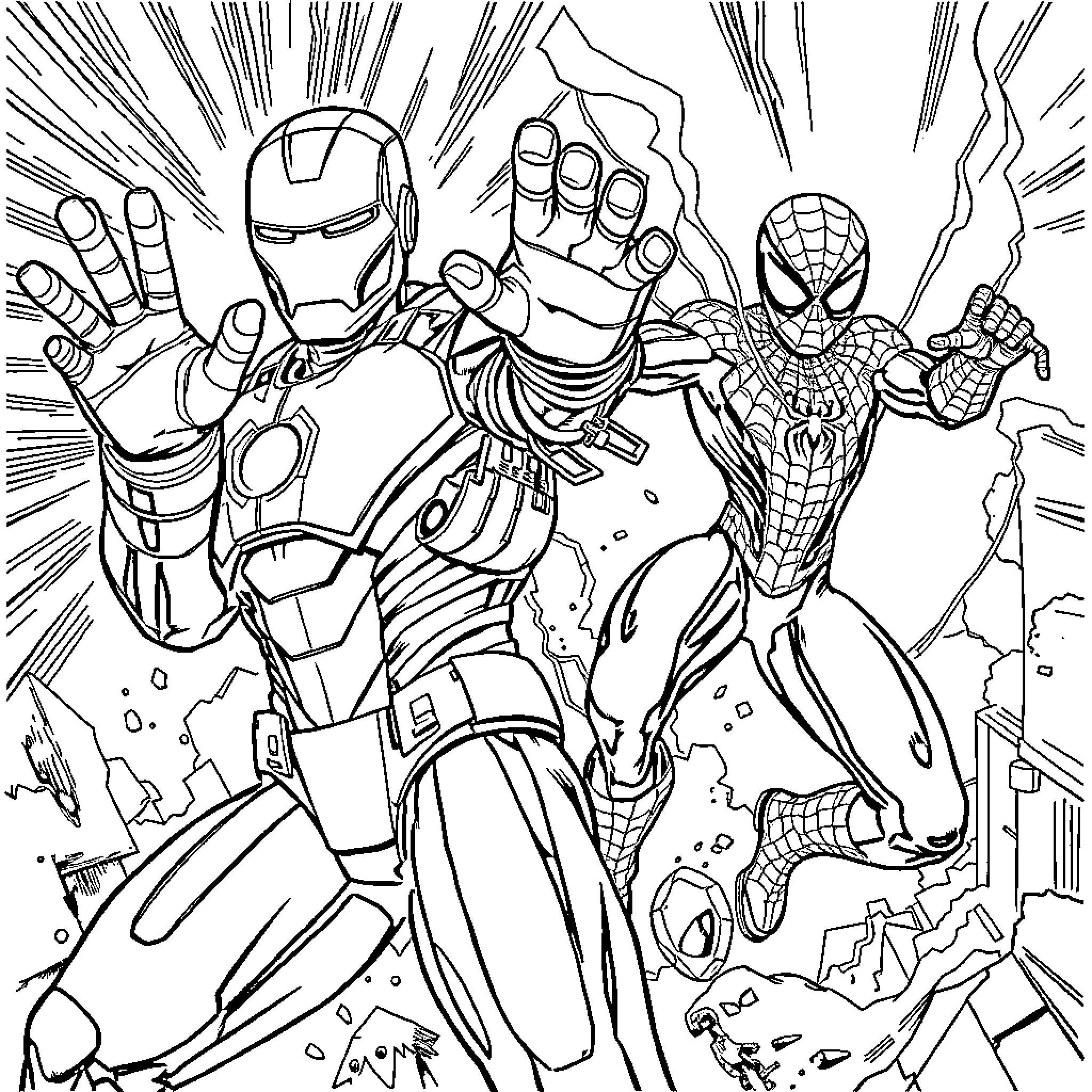 Ironman and Spiderman heroically saving the day Coloring Page (free black-and-white line drawing printable PDF for all, from beginners to advanced learners, including children, teens, adults, and seniors)