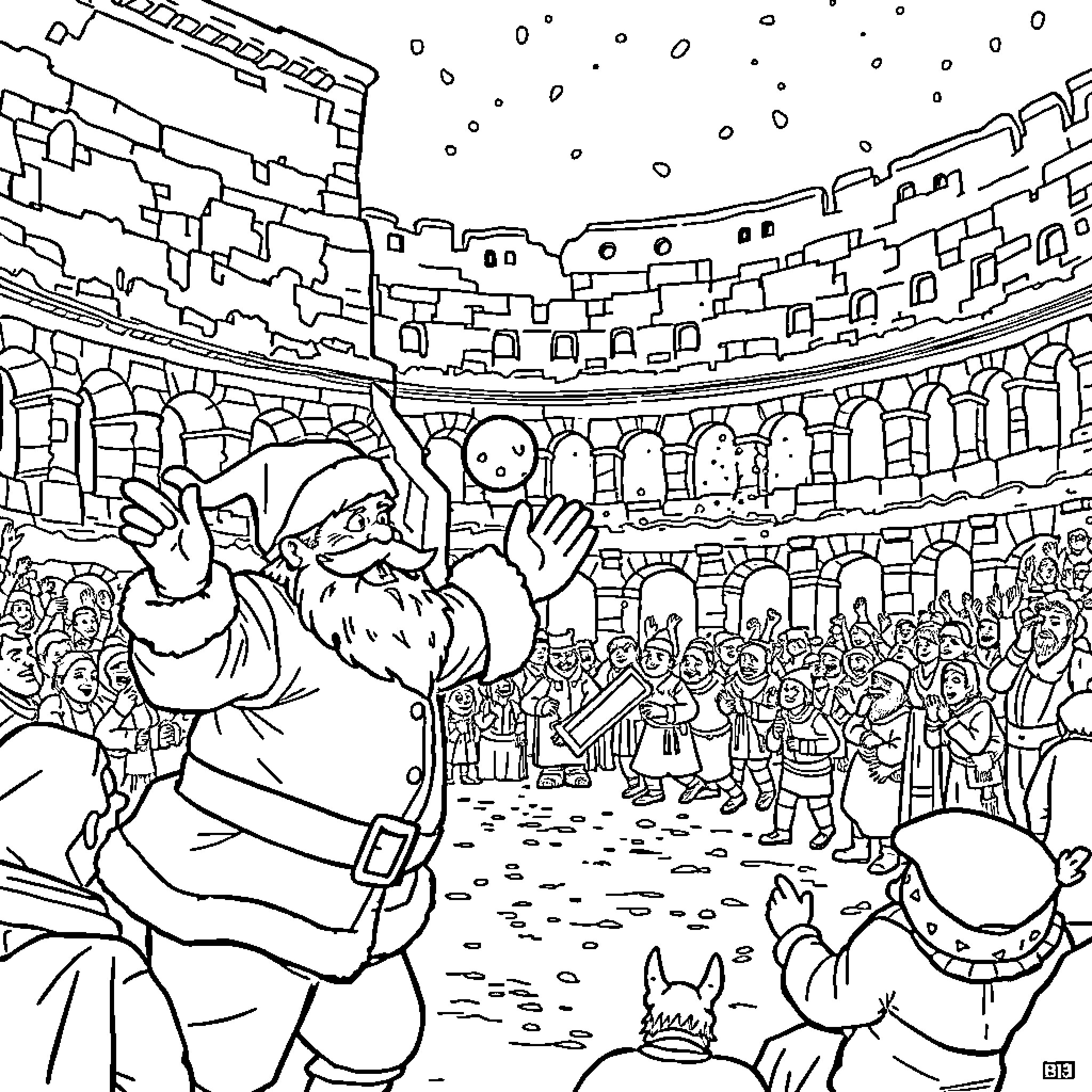 Santa Waving to the Crowd in the Festive Colosseum Coloring Page (free black-and-white line drawing printable PDF for all, from beginners to advanced learners, including children, teens, adults, and seniors)