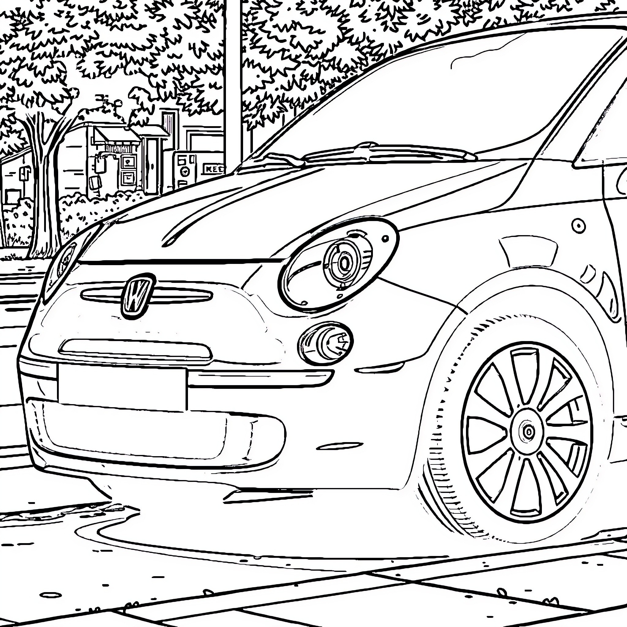 Car Parked in Front of Urban Landscape Coloring Page (free black-and-white line drawing printable PDF for all, from beginners to advanced learners, including children, teens, adults, and seniors)
