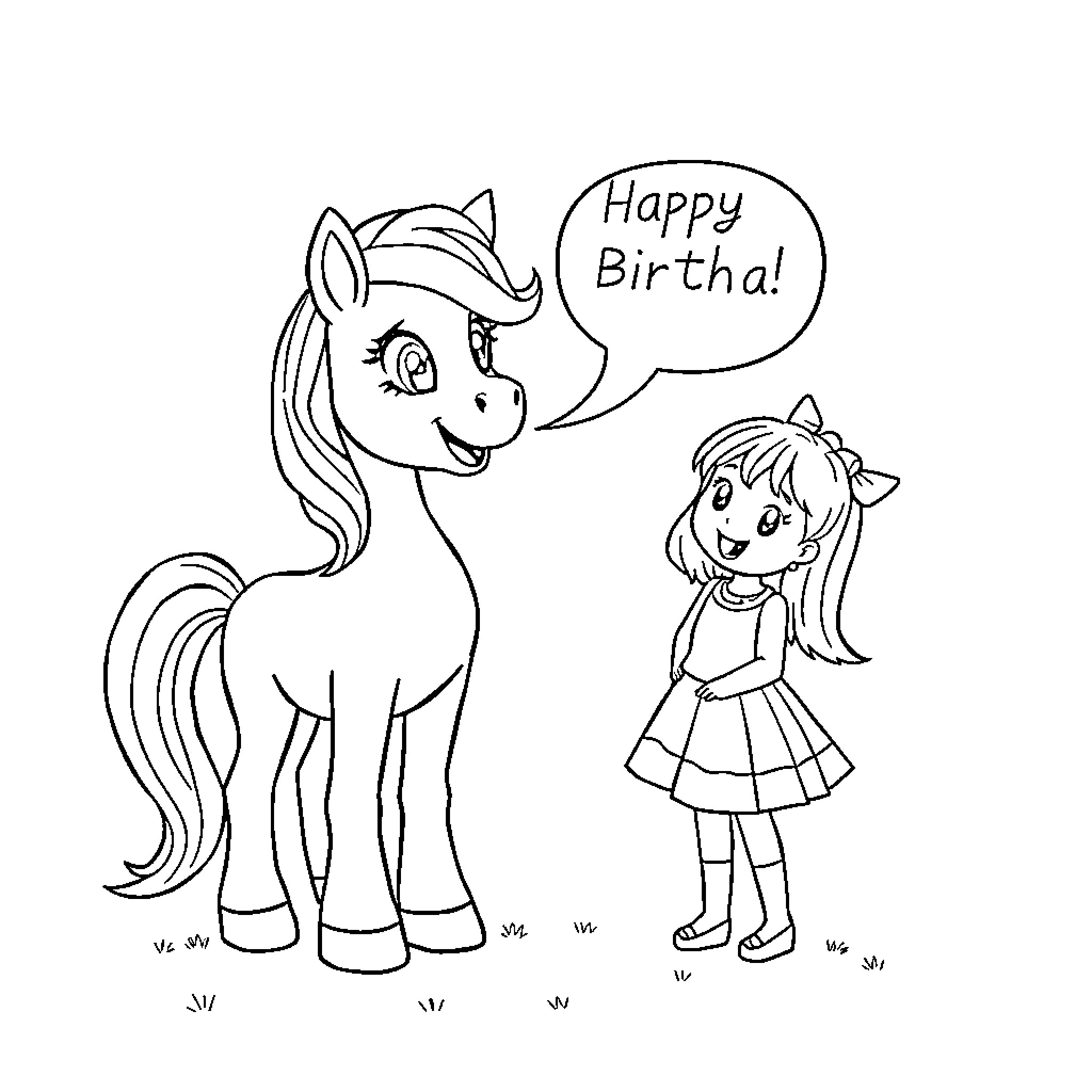 Pony wishing happy birthday to young girl Coloring Page (free black-and-white line drawing printable PDF for all, from beginners to advanced learners, including children, teens, adults, and seniors)