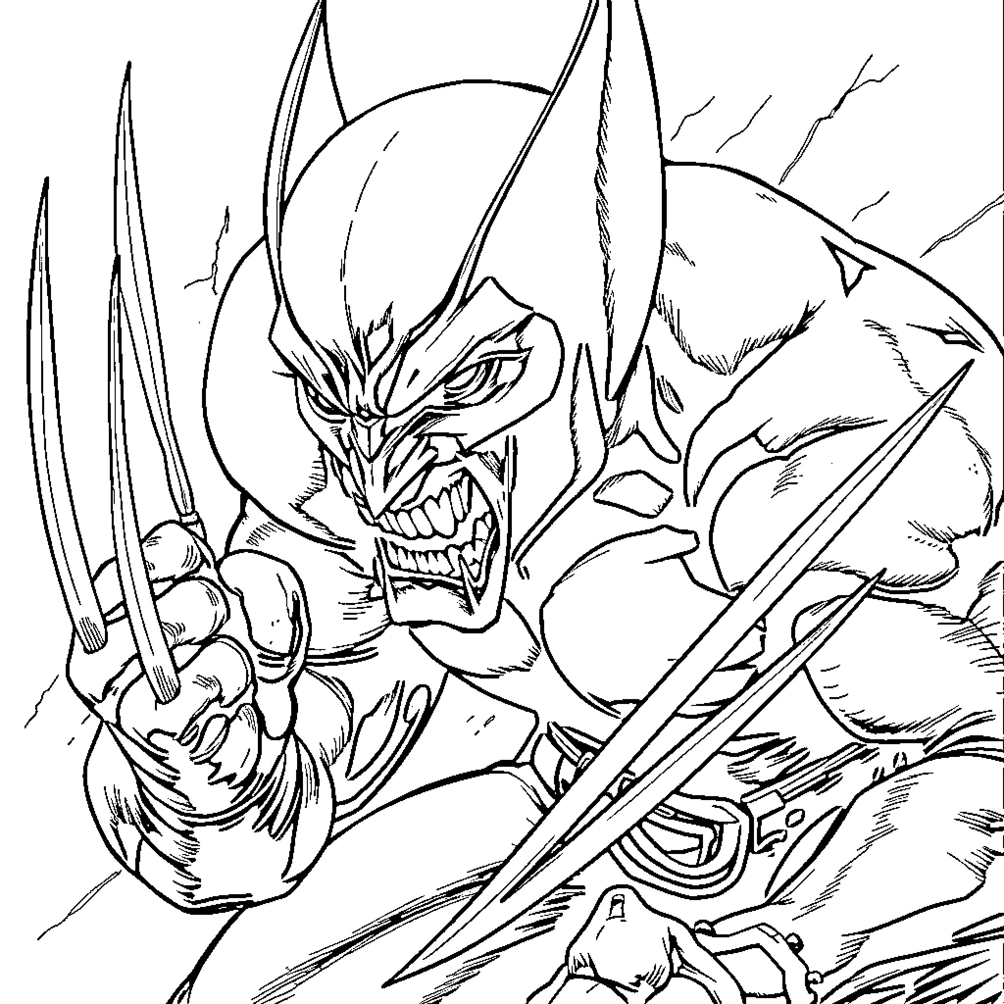 Wolverine's Fierce Battle in a Gritty Landscape Coloring Page (free black-and-white line drawing printable PDF for all, from beginners to advanced learners, including children, teens, adults, and seniors)