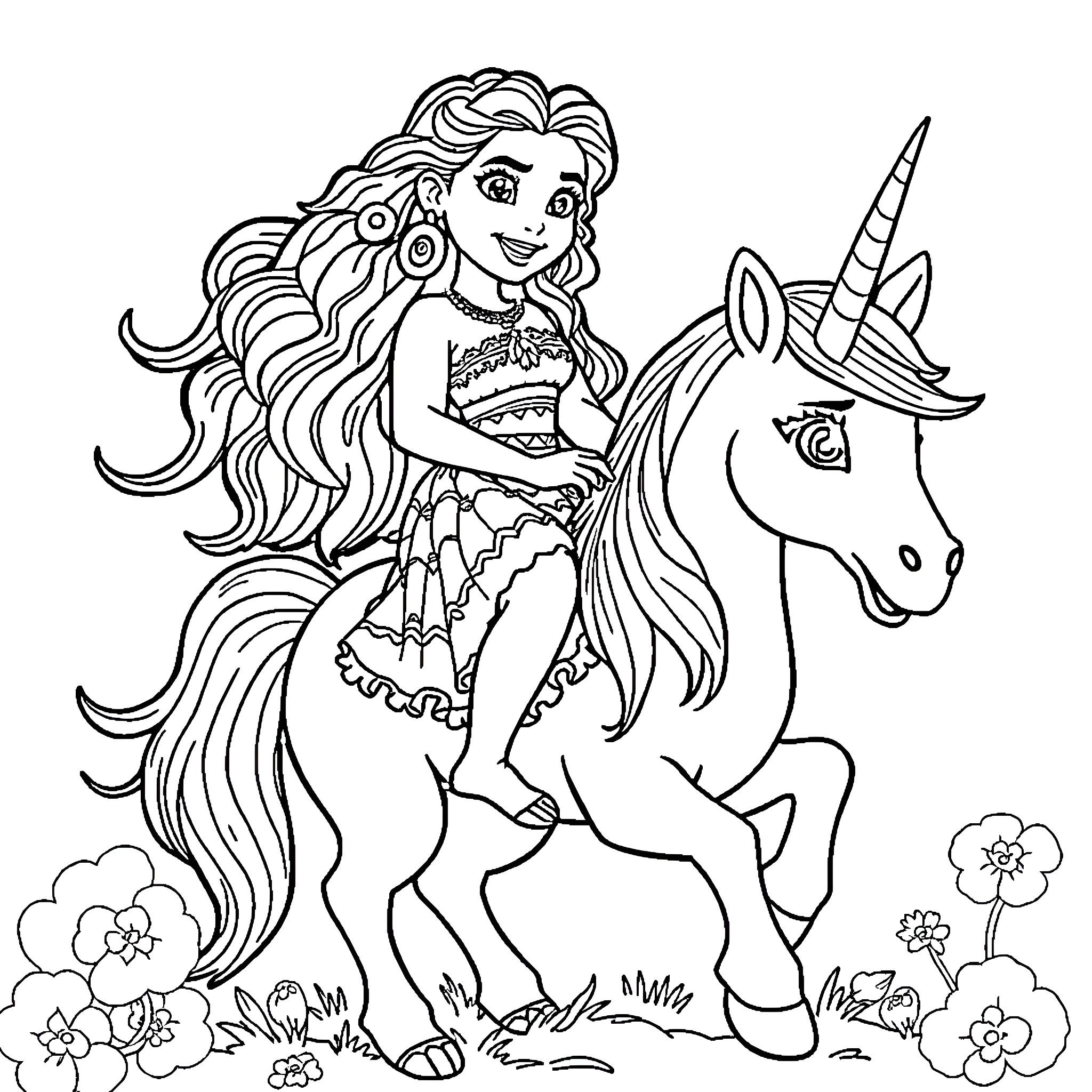 Moana riding a magical unicorn in a floral meadow Coloring Page (free black-and-white line drawing printable PDF for all, from beginners to advanced learners, including children, teens, adults, and seniors)