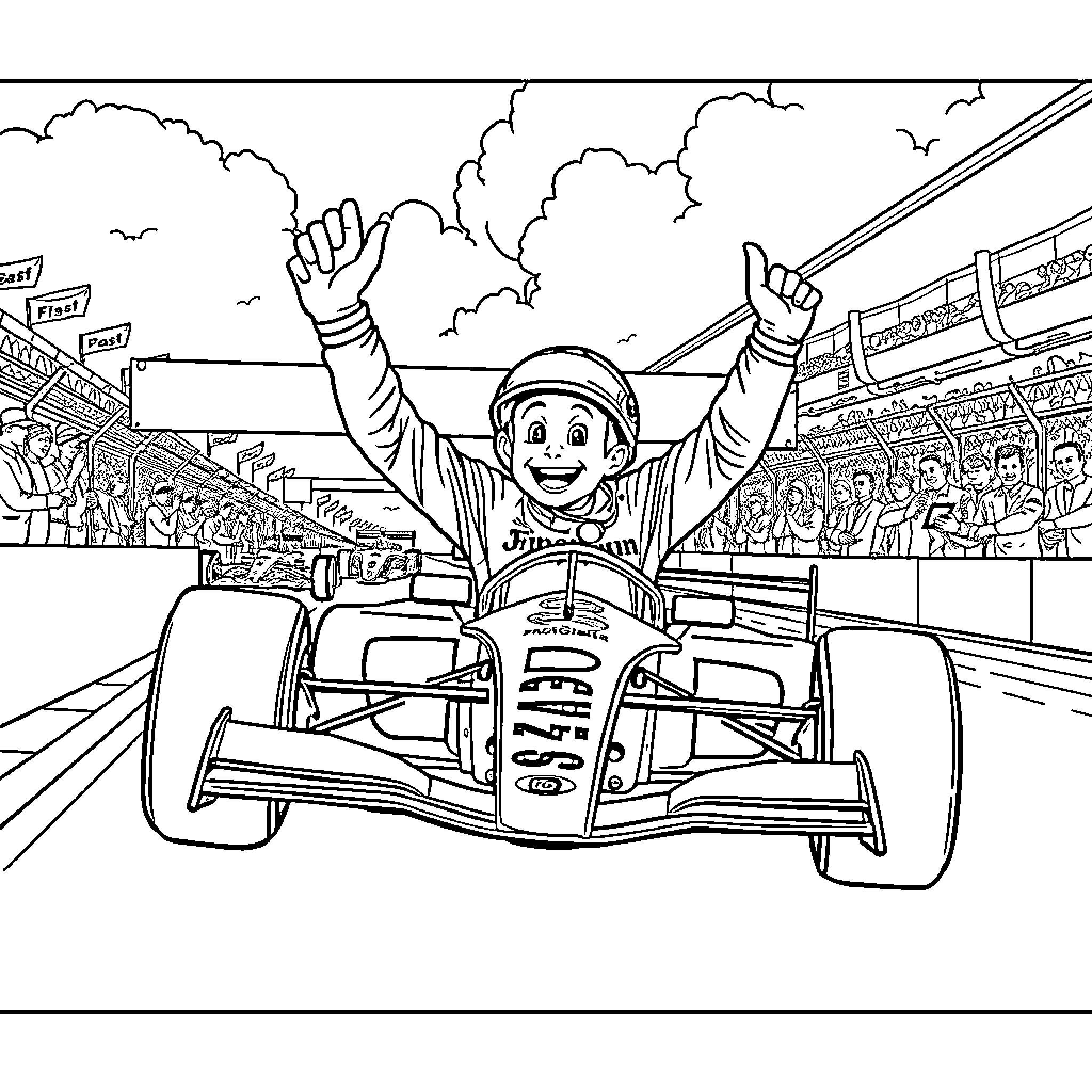 Franco Colapinto Celebrates Victory in Racecar Coloring Page (free black-and-white line drawing printable PDF for all, from beginners to advanced learners, including children, teens, adults, and seniors)