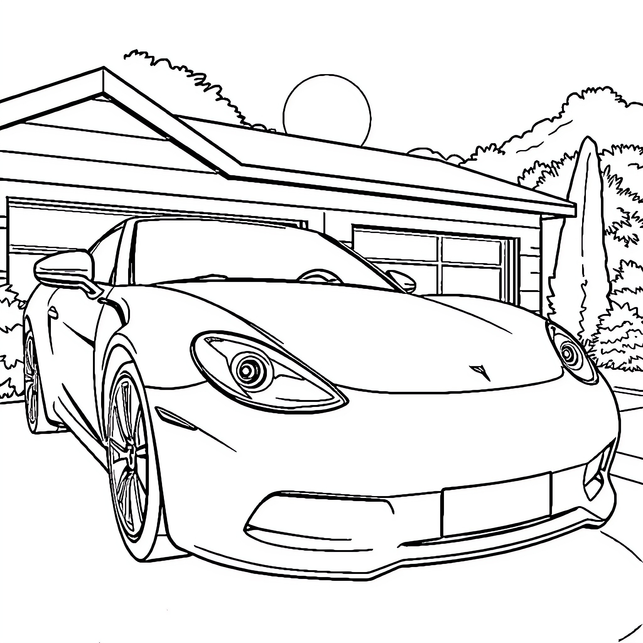 Car parked in garage under sunset sky Coloring Page (free black-and-white line drawing printable PDF for all, from beginners to advanced learners, including children, teens, adults, and seniors)