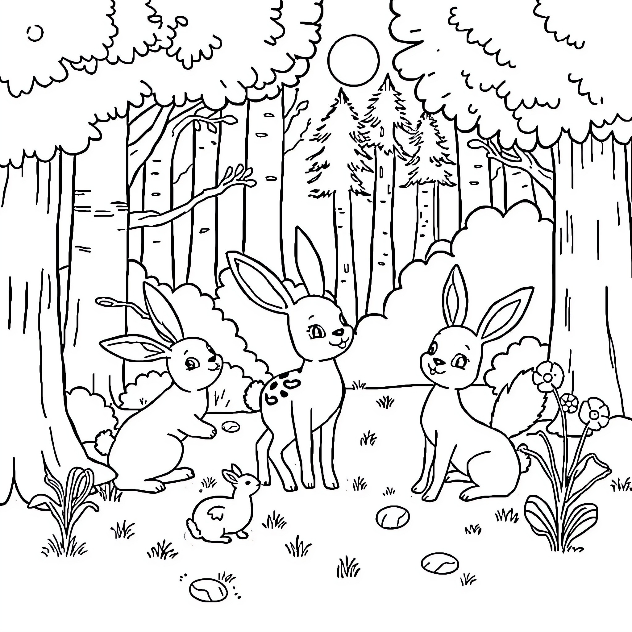 Animal Bunnies Playing in Forest Meadow Coloring Page (free black-and-white line drawing printable PDF for all, from beginners to advanced learners, including children, teens, adults, and seniors)