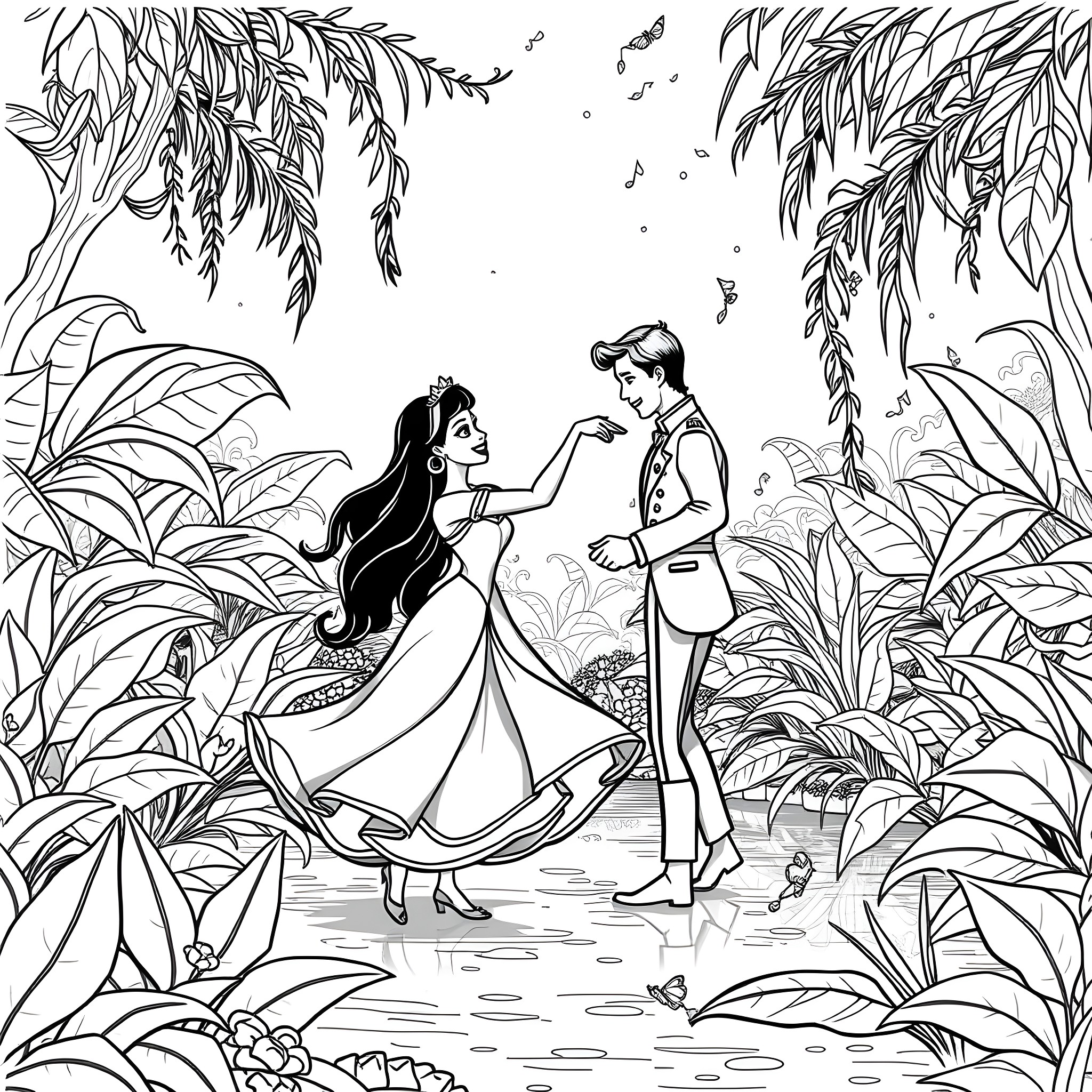Tiana and Naveen dancing amidst the lush vegetation Coloring Page (free black-and-white line drawing printable PDF for all, from beginners to advanced learners, including children, teens, adults, and seniors)