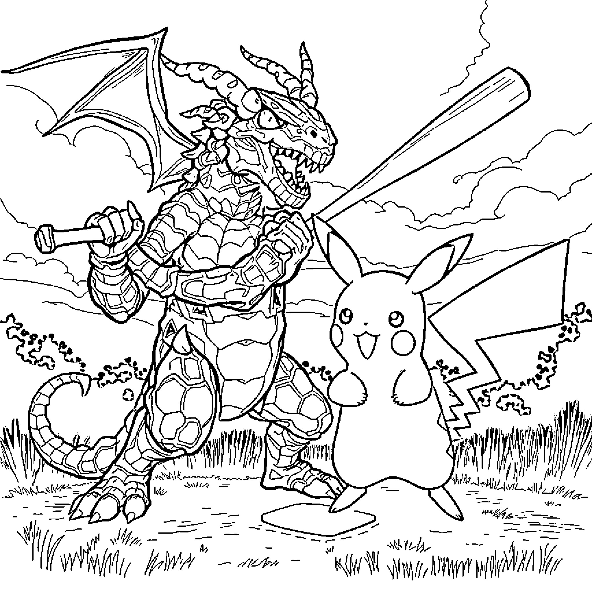 Demogorgon and Pikachu in an epic battle Coloring Page (free black-and-white line drawing printable PDF for all, from beginners to advanced learners, including children, teens, adults, and seniors)