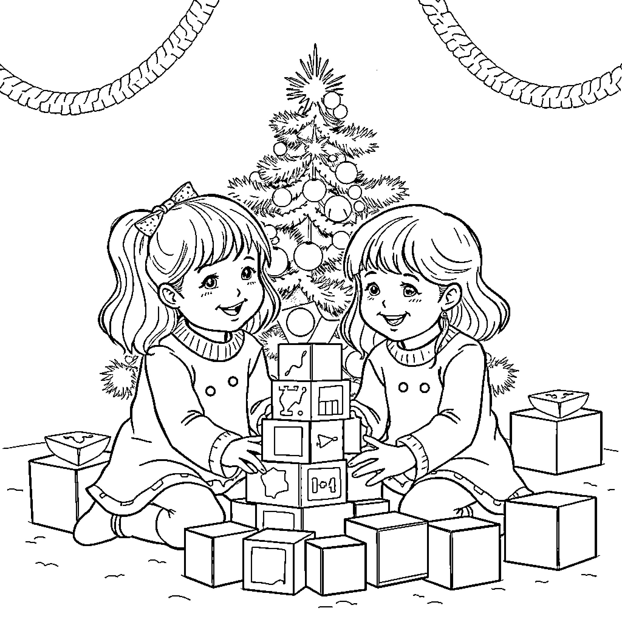 Girls Enjoying Christmas Gifts and Decorations Coloring Page (free black-and-white line drawing printable PDF for all, from beginners to advanced learners, including children, teens, adults, and seniors)