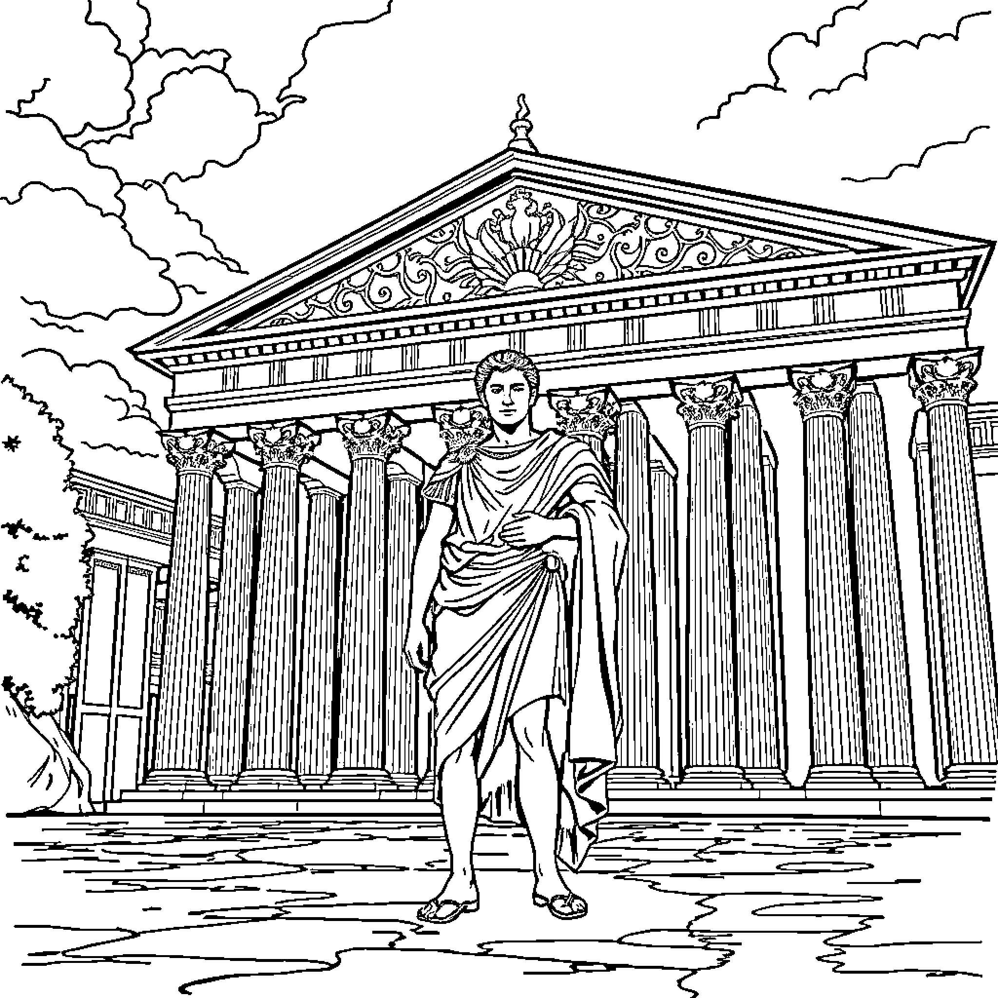Julius Caesar standing before ancient Greek temple Coloring Page (free black-and-white line drawing printable PDF for all, from beginners to advanced learners, including children, teens, adults, and seniors)