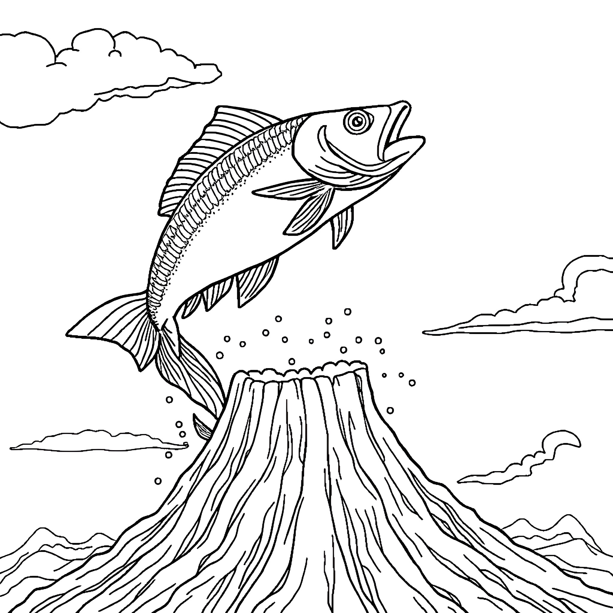 Fish jumping out of waterfall in scenic landscape Coloring Page (free black-and-white line drawing printable PDF for all, from beginners to advanced learners, including children, teens, adults, and seniors)