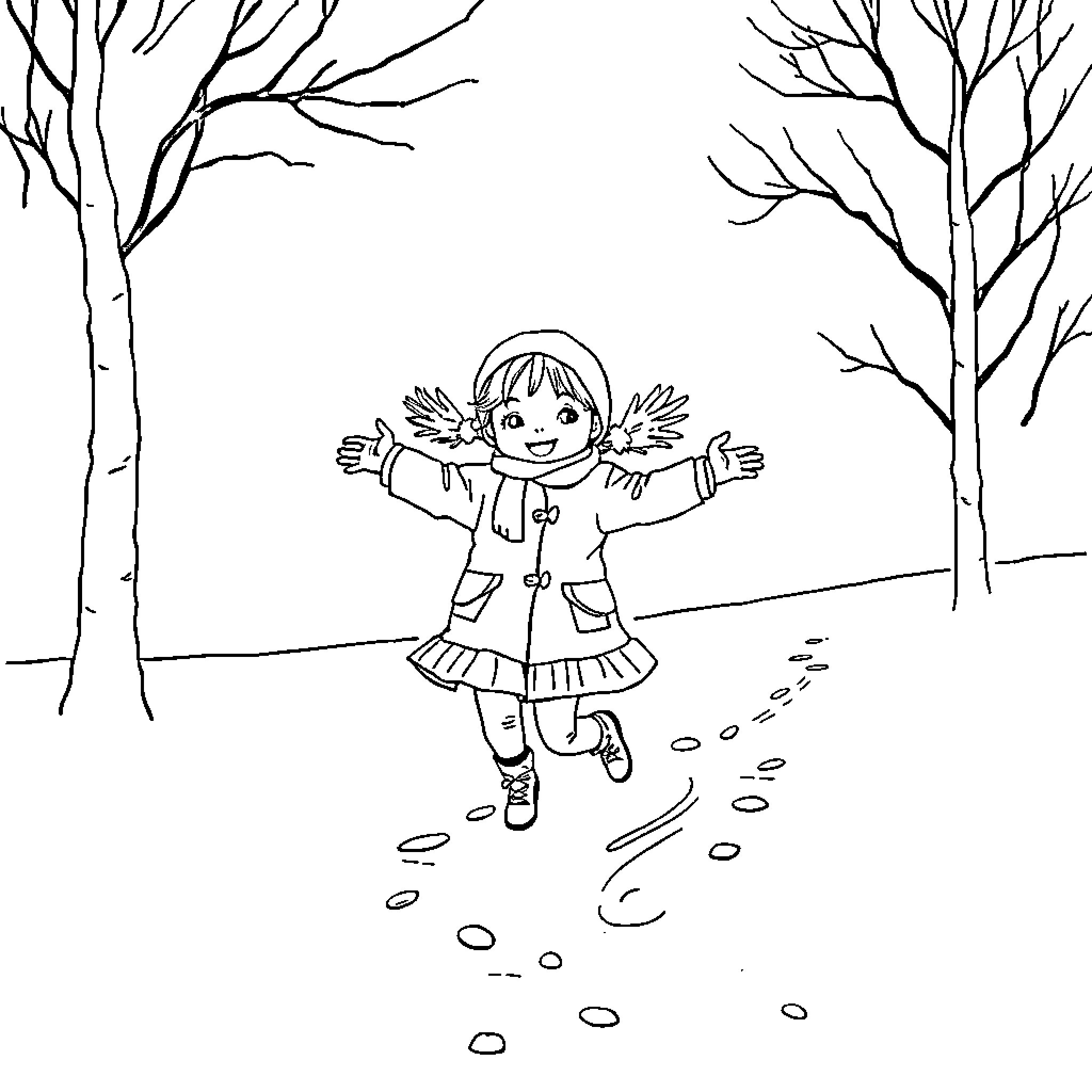 Girl joyfully running in the snowy forest Coloring Page (free black-and-white line drawing printable PDF for all, from beginners to advanced learners, including children, teens, adults, and seniors)
