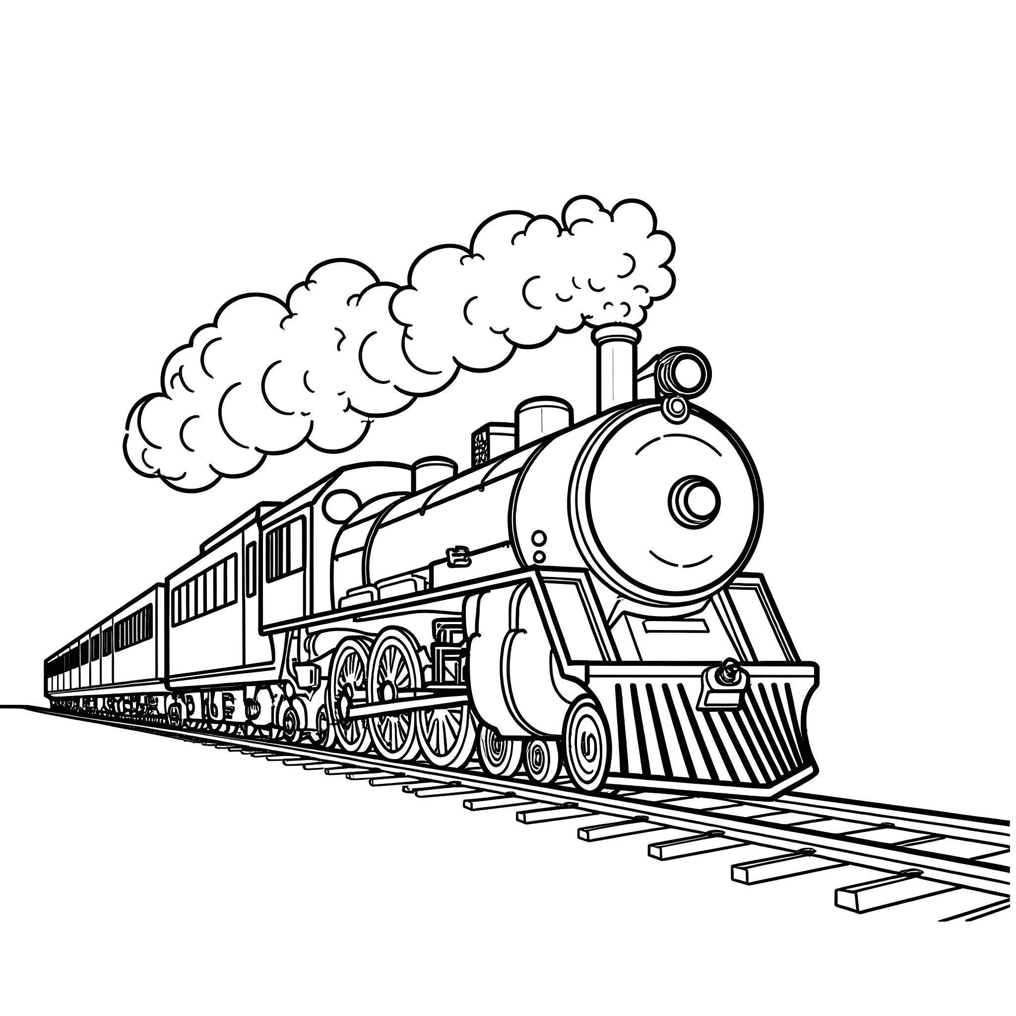 Steam Train Traveling Rapidly on Railway Track Coloring Page (free black-and-white line drawing printable PDF for all, from beginners to advanced learners, including children, teens, adults, and seniors)