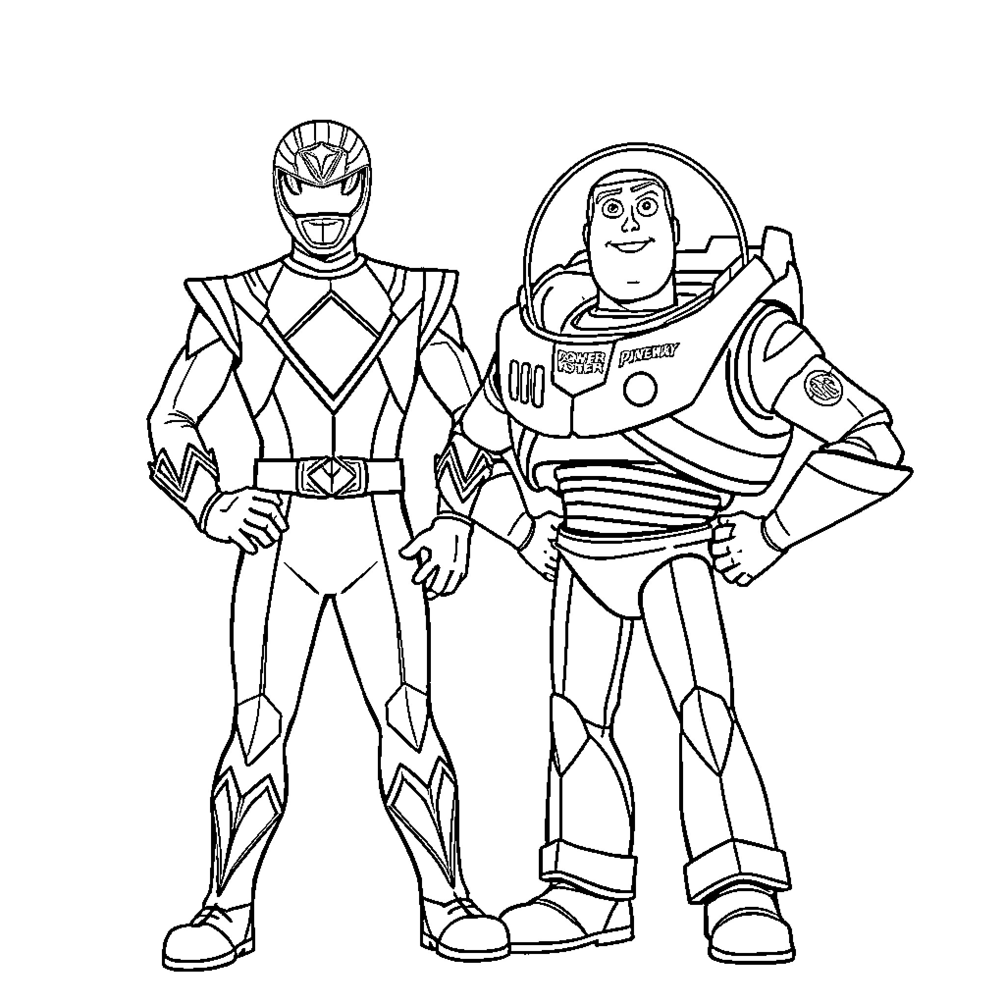 Power Rangers duo in action poses Coloring Page (free black-and-white line drawing printable PDF for all, from beginners to advanced learners, including children, teens, adults, and seniors)